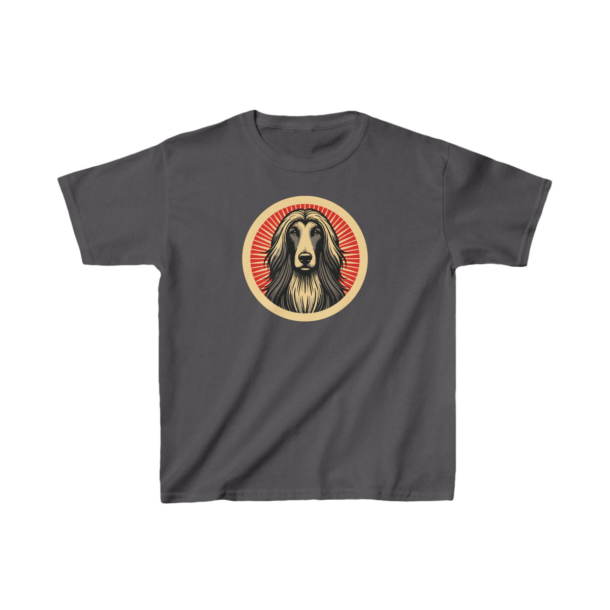 Afghan Hound badge art in a ring of red rays on a kids' tee