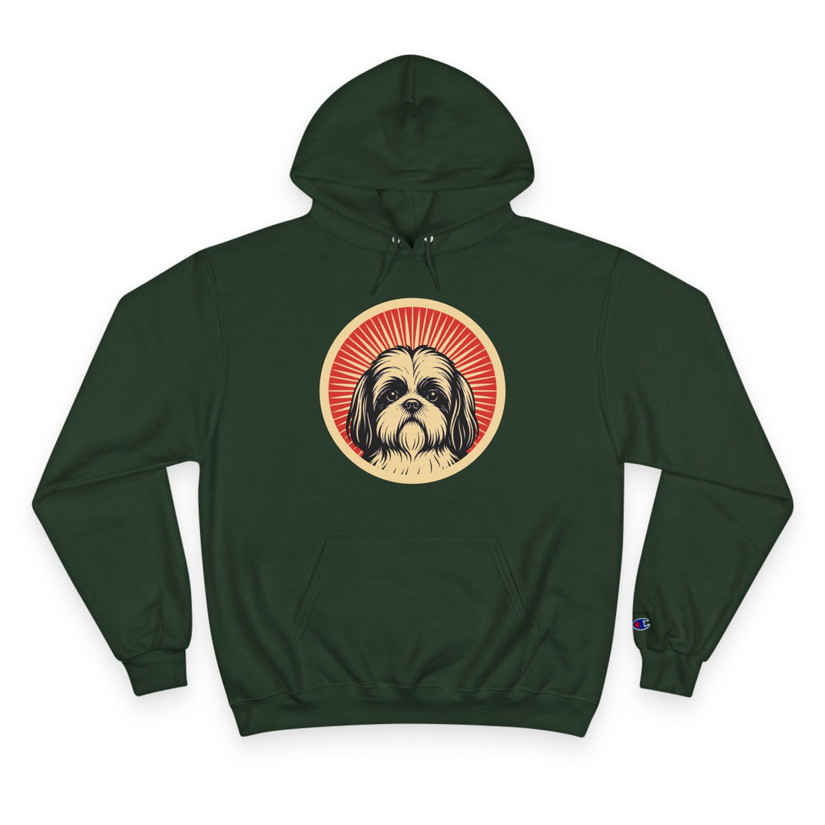 Pekepoo badge art in a ring of red rays on a champion hoodie