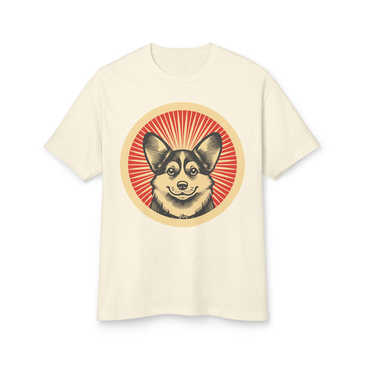 Pembroke Welsh Corgi badge art in a ring of red rays on a heavyweight tee