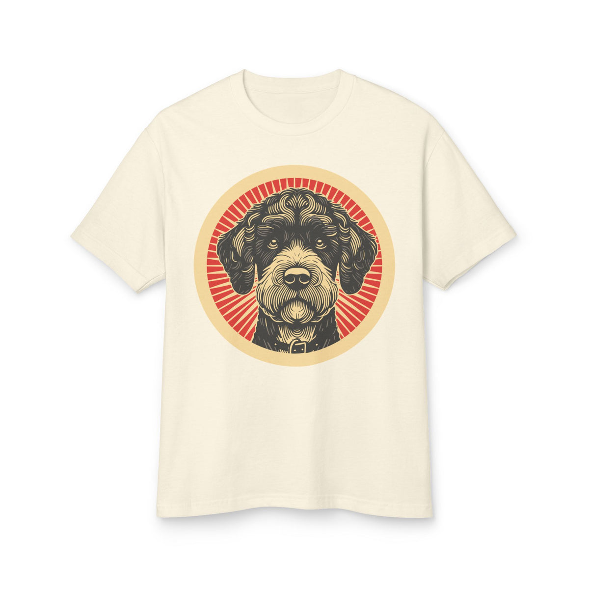 Boxerdoodle badge art in a ring of red rays on a heavyweight tee