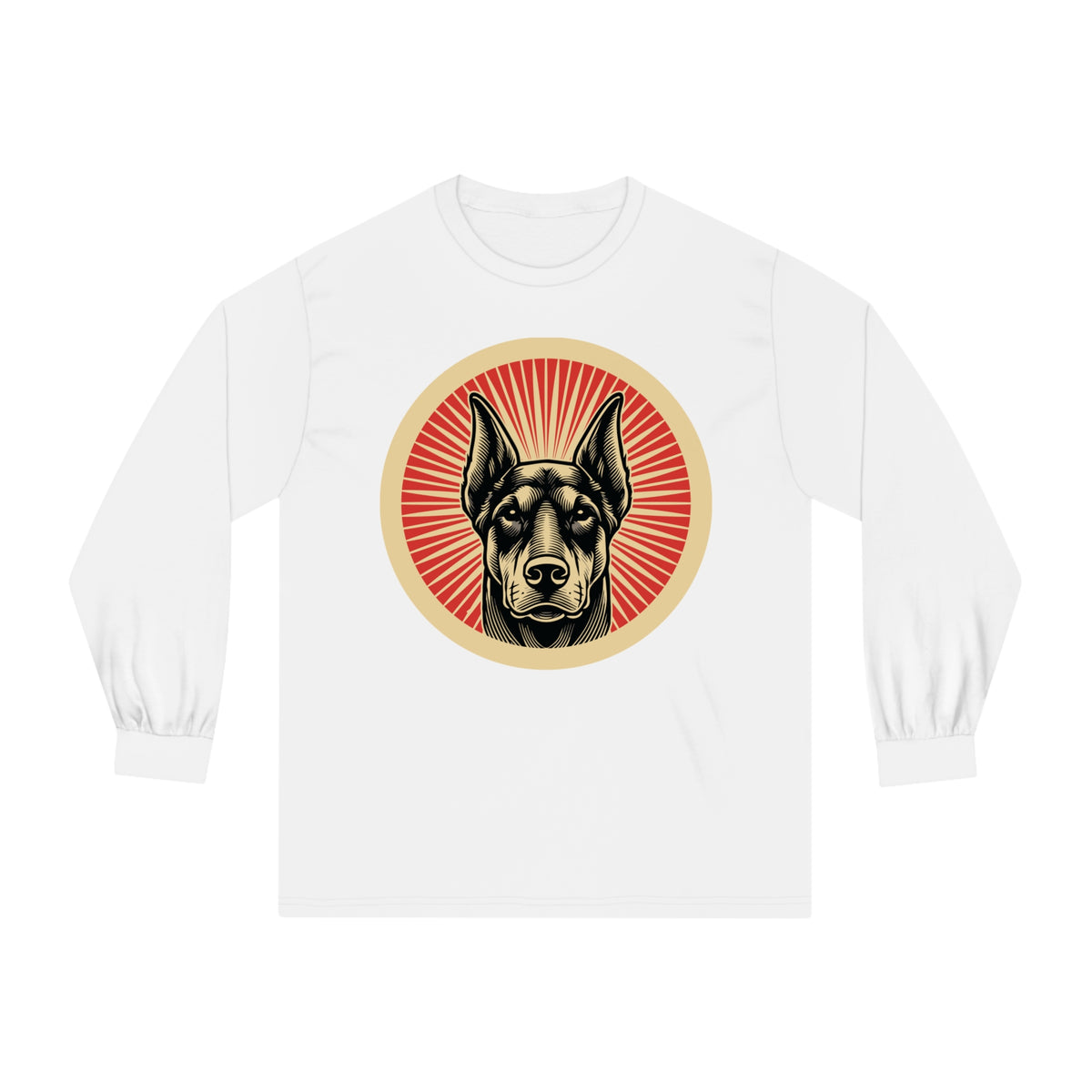 Doberman Pinscher badge art in a ring of red rays on a long-sleeve tee