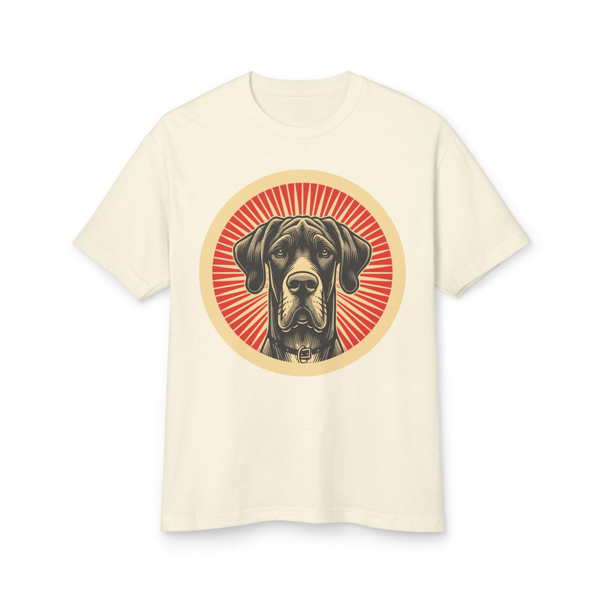 Great Dane badge art in a ring of red rays on a heavyweight tee