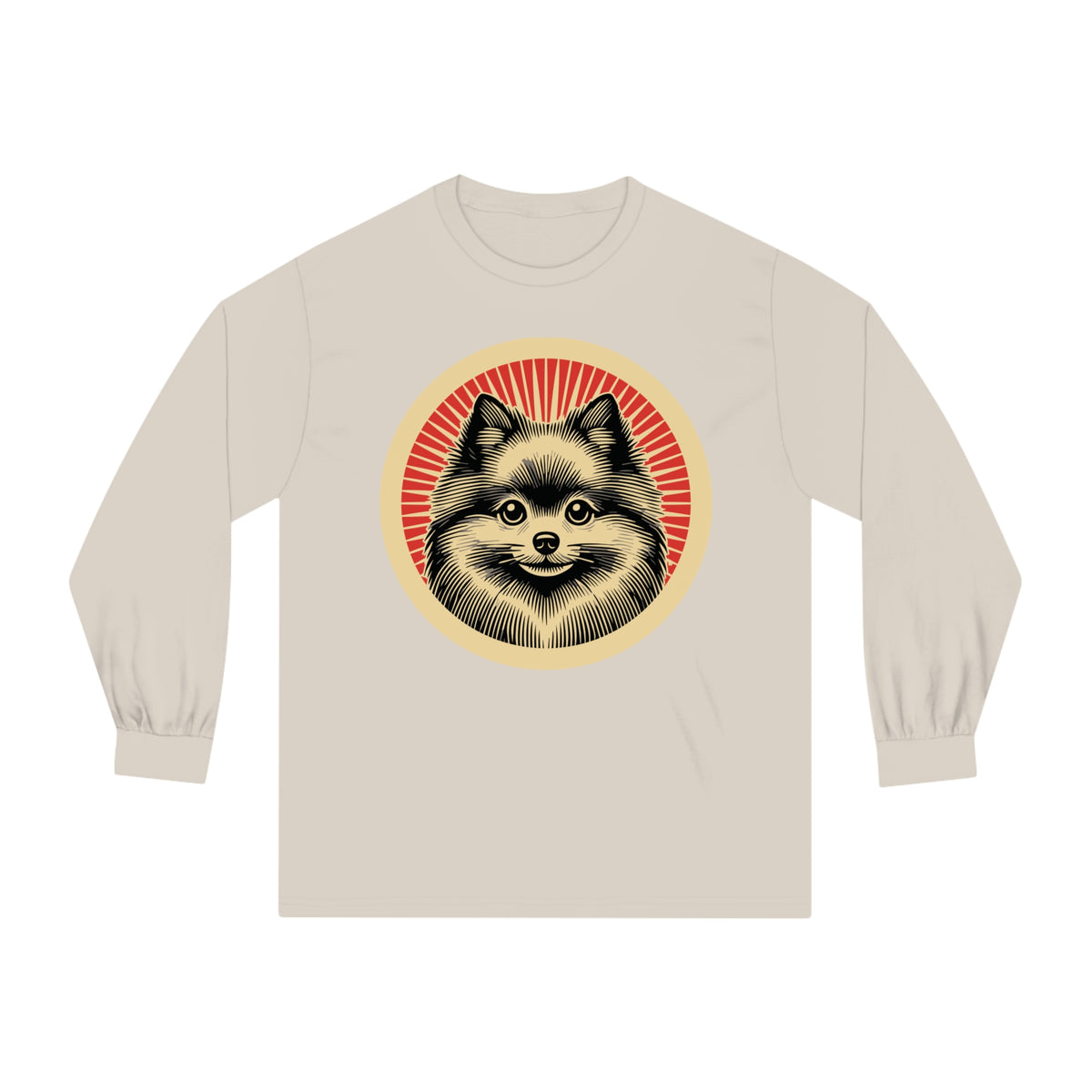 Pomeranian badge art in a ring of red rays on a long-sleeve tee