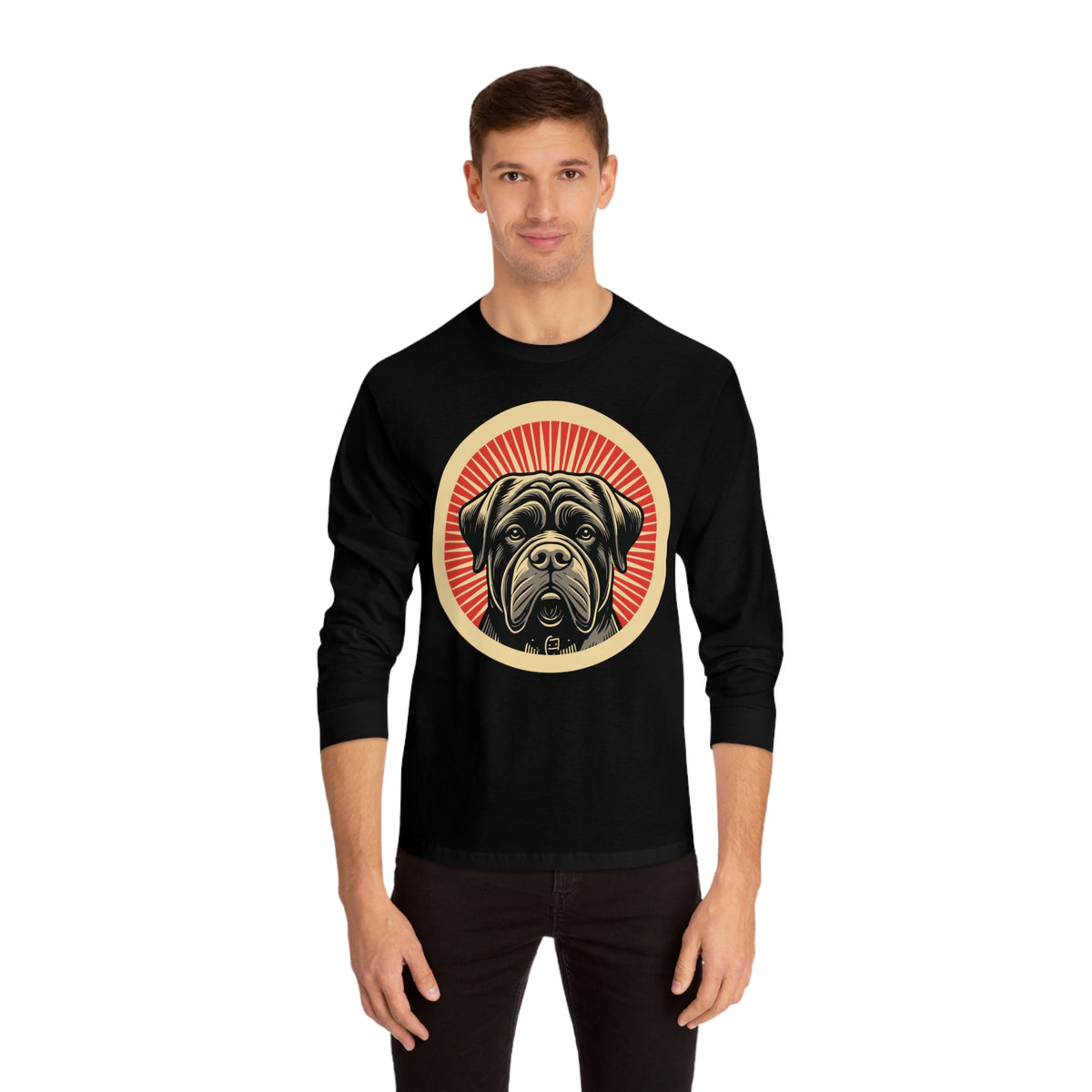 Bullmastiff badge art in a ring of red rays on a long-sleeve tee