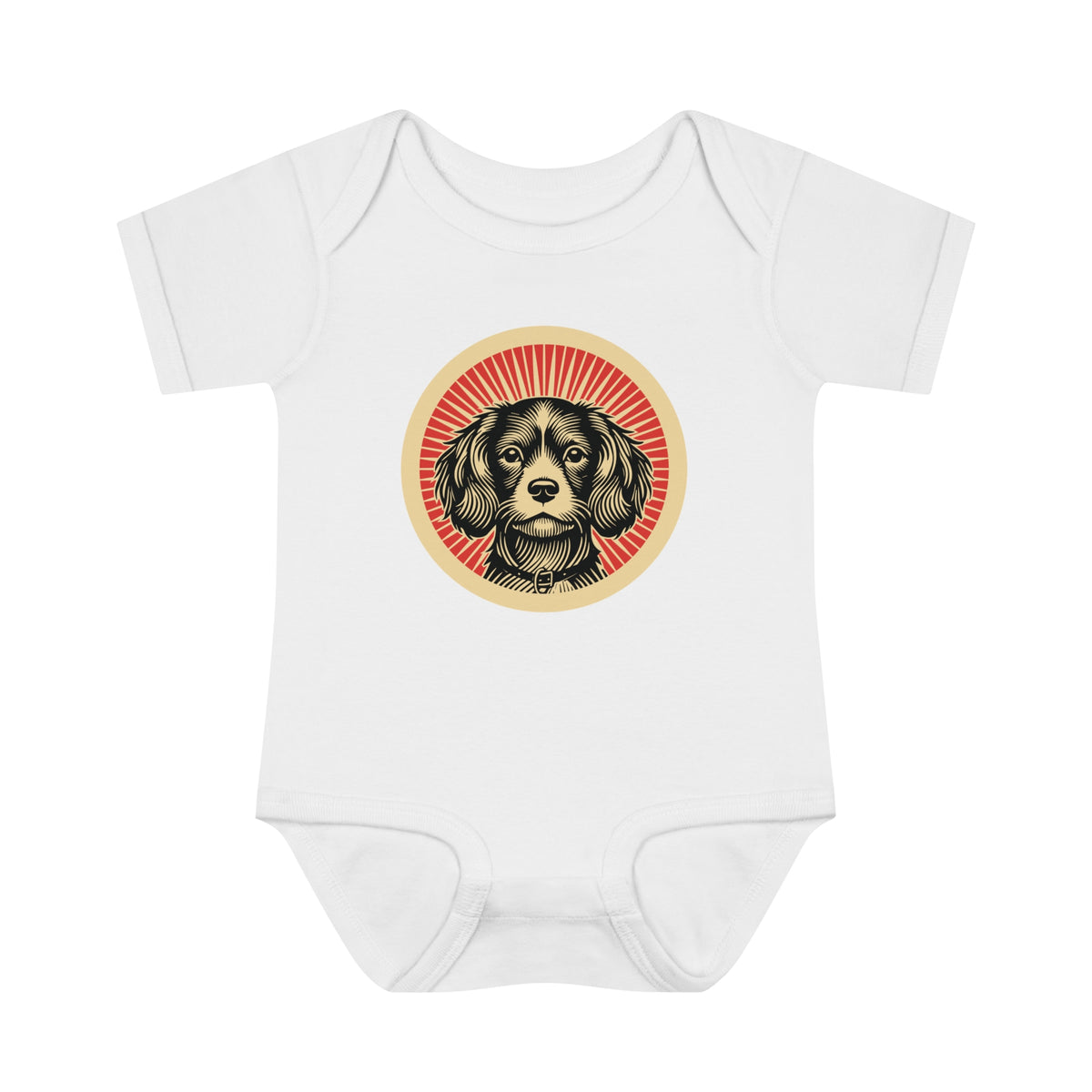 Cavachon badge art in a ring of red rays on a baby bodysuit