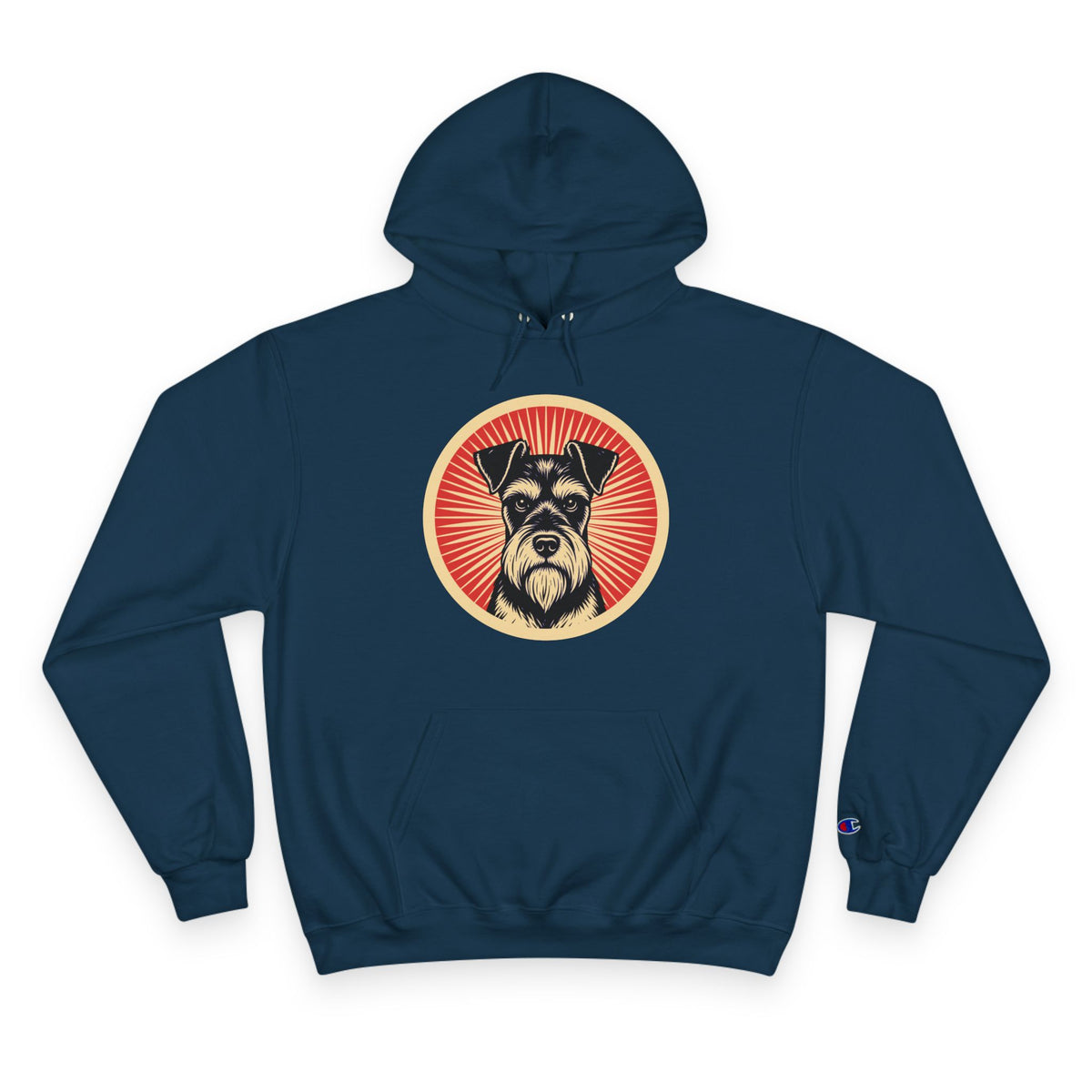Standard Schnauzer badge art in a ring of red rays on a champion hoodie