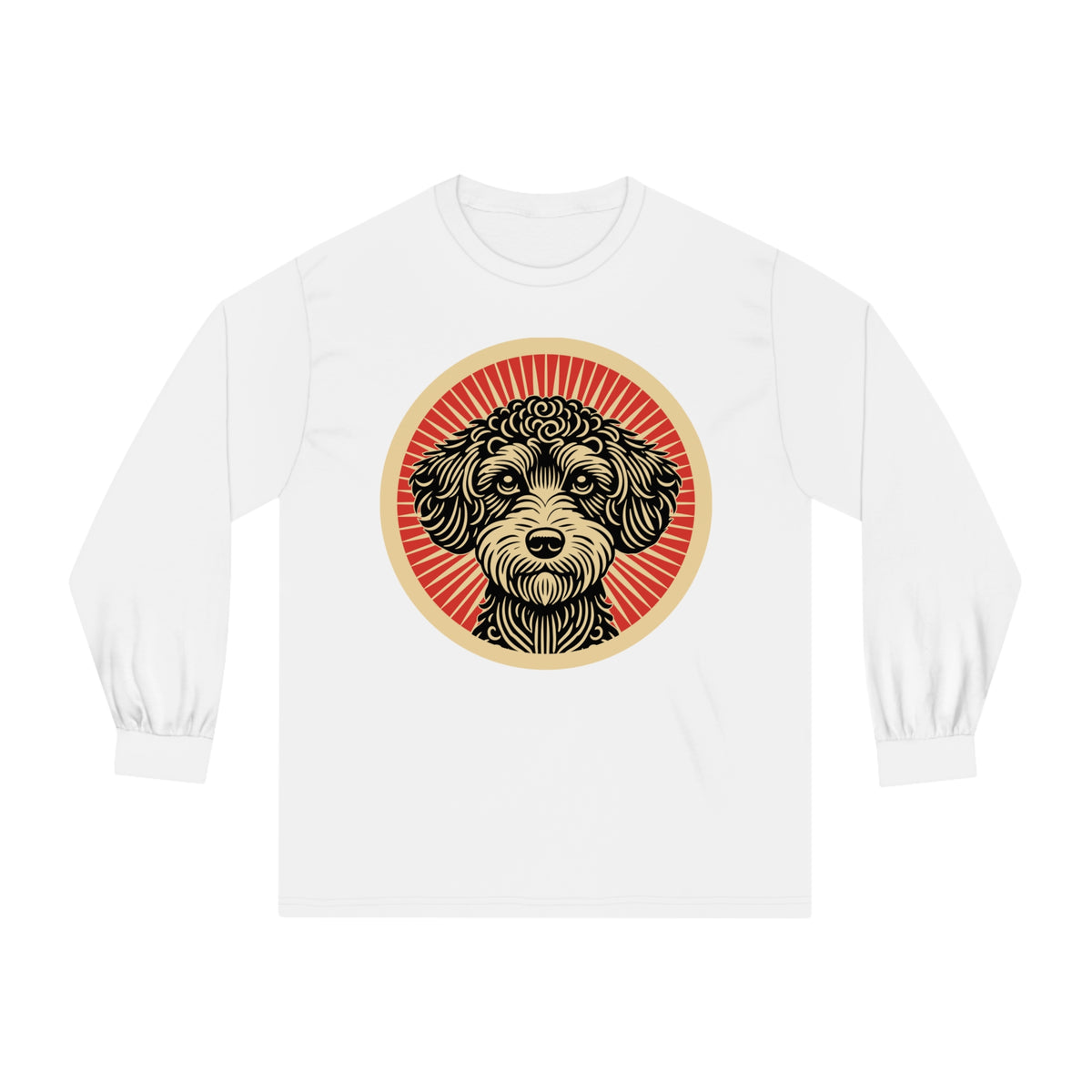 Schnoodle badge art in a ring of red rays on a long-sleeve tee