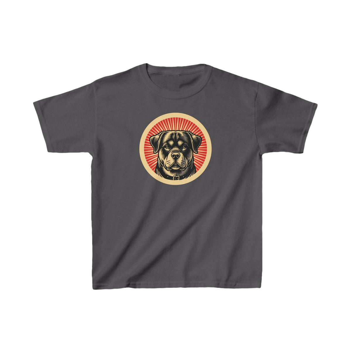 Rottweiler badge art in a ring of red rays on a kids' tee