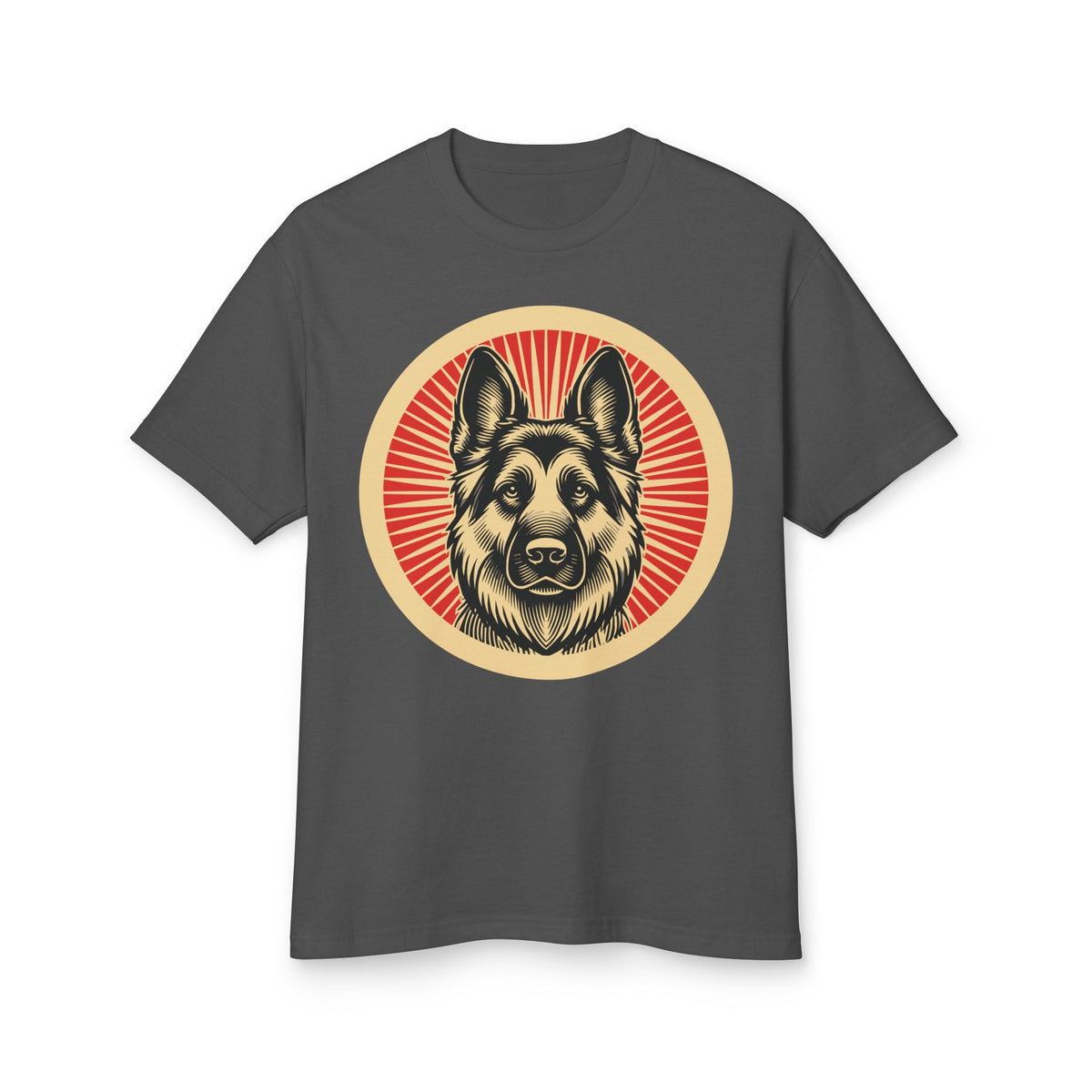 German Shepherd badge art in a ring of red rays on a heavyweight tee