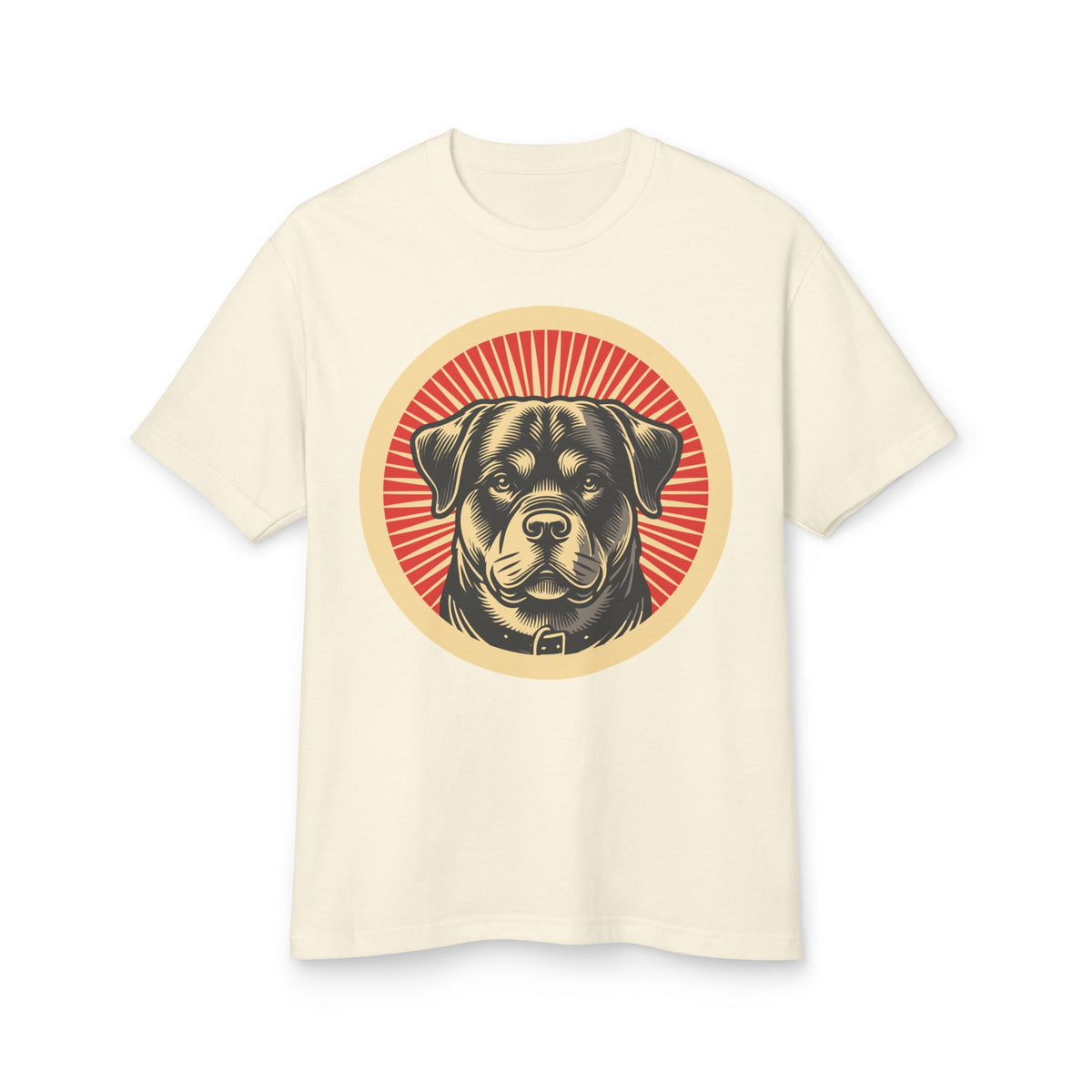 Rottweiler badge art in a ring of red rays on a heavyweight tee