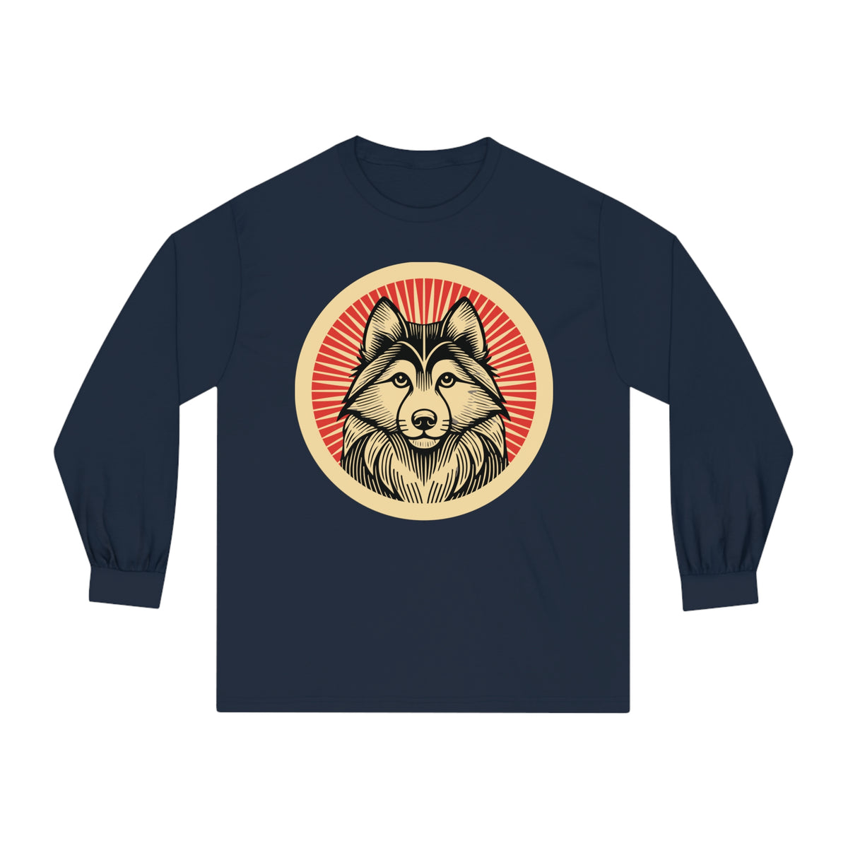 Alaskan Klee Kai badge art in a ring of red rays on a long-sleeve tee