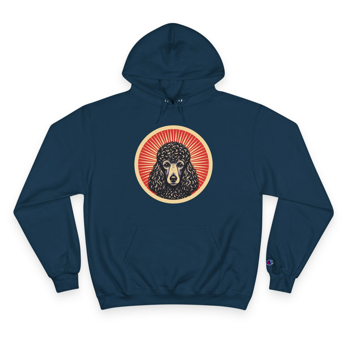Poodle badge art in a ring of red rays on a champion hoodie