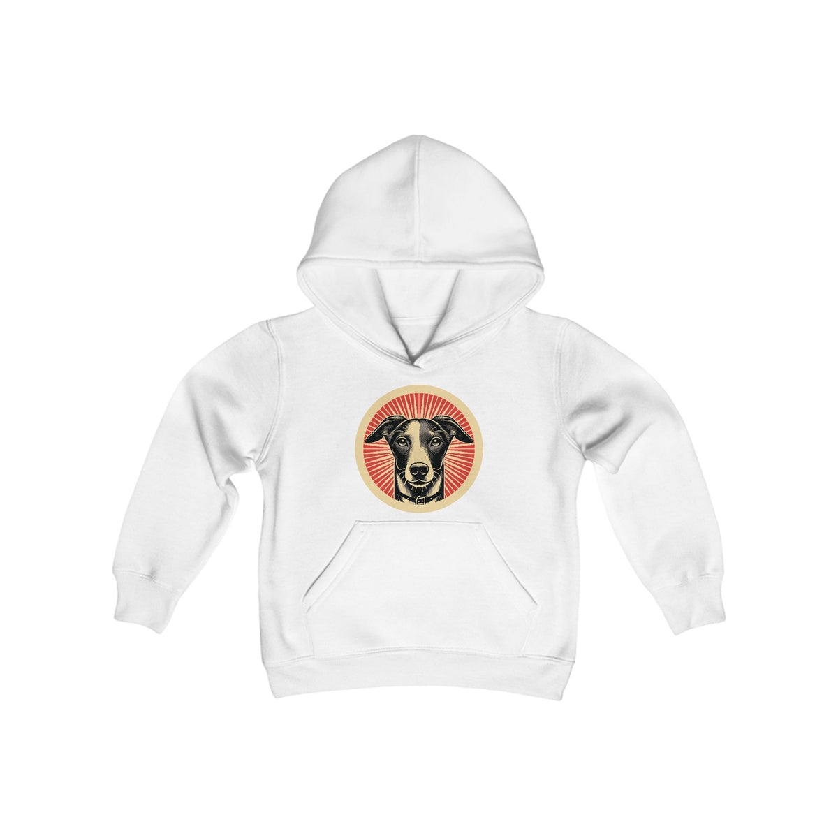 Whippet badge art in a ring of red rays on a kids' hoodie