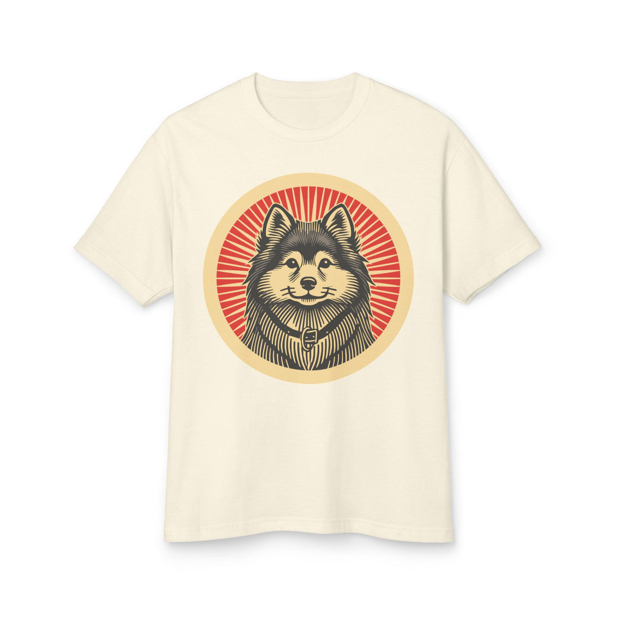 Finnish Spitz badge art in a ring of red rays on a heavyweight tee