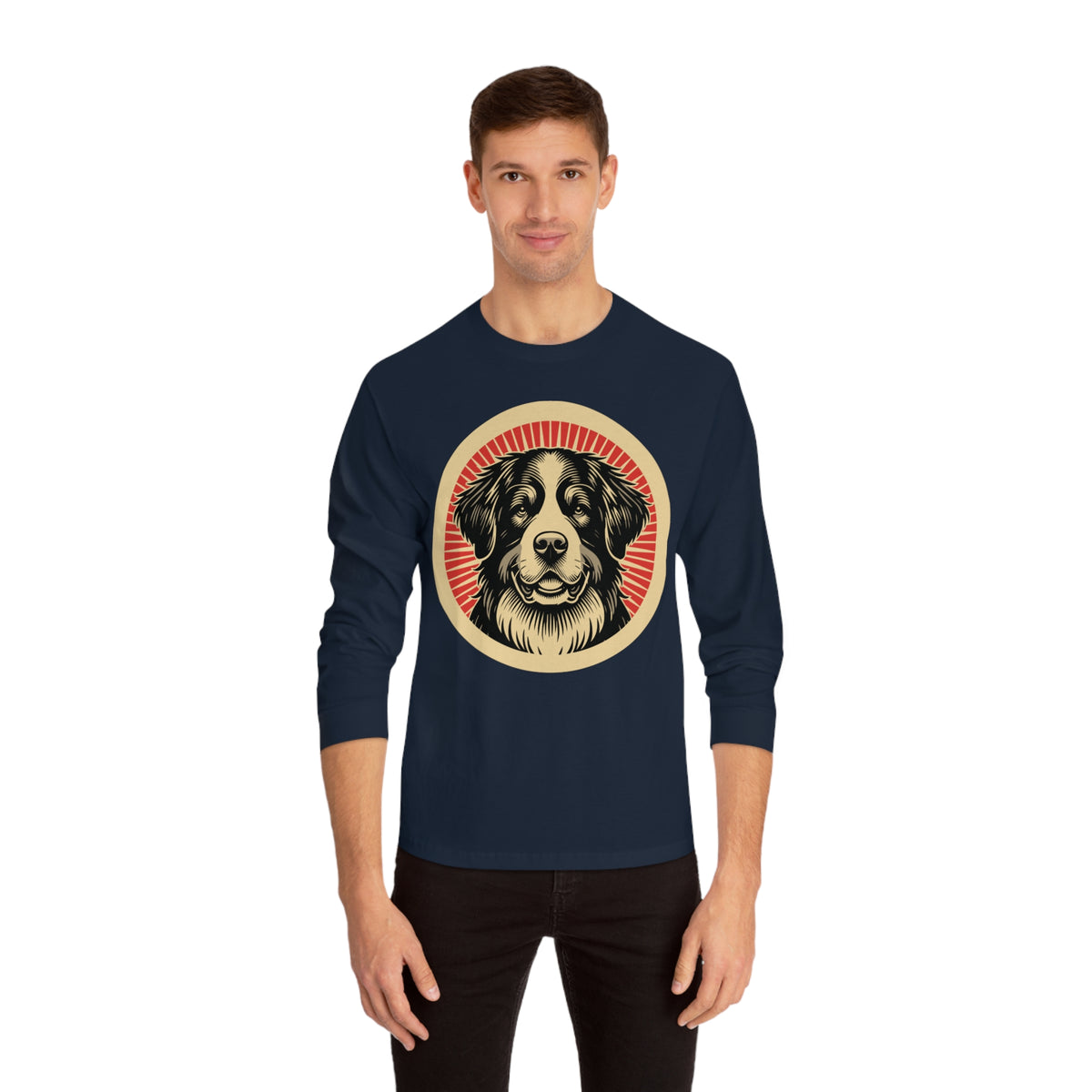 Bernese Mountain Dog badge art in a ring of red rays on a long-sleeve tee