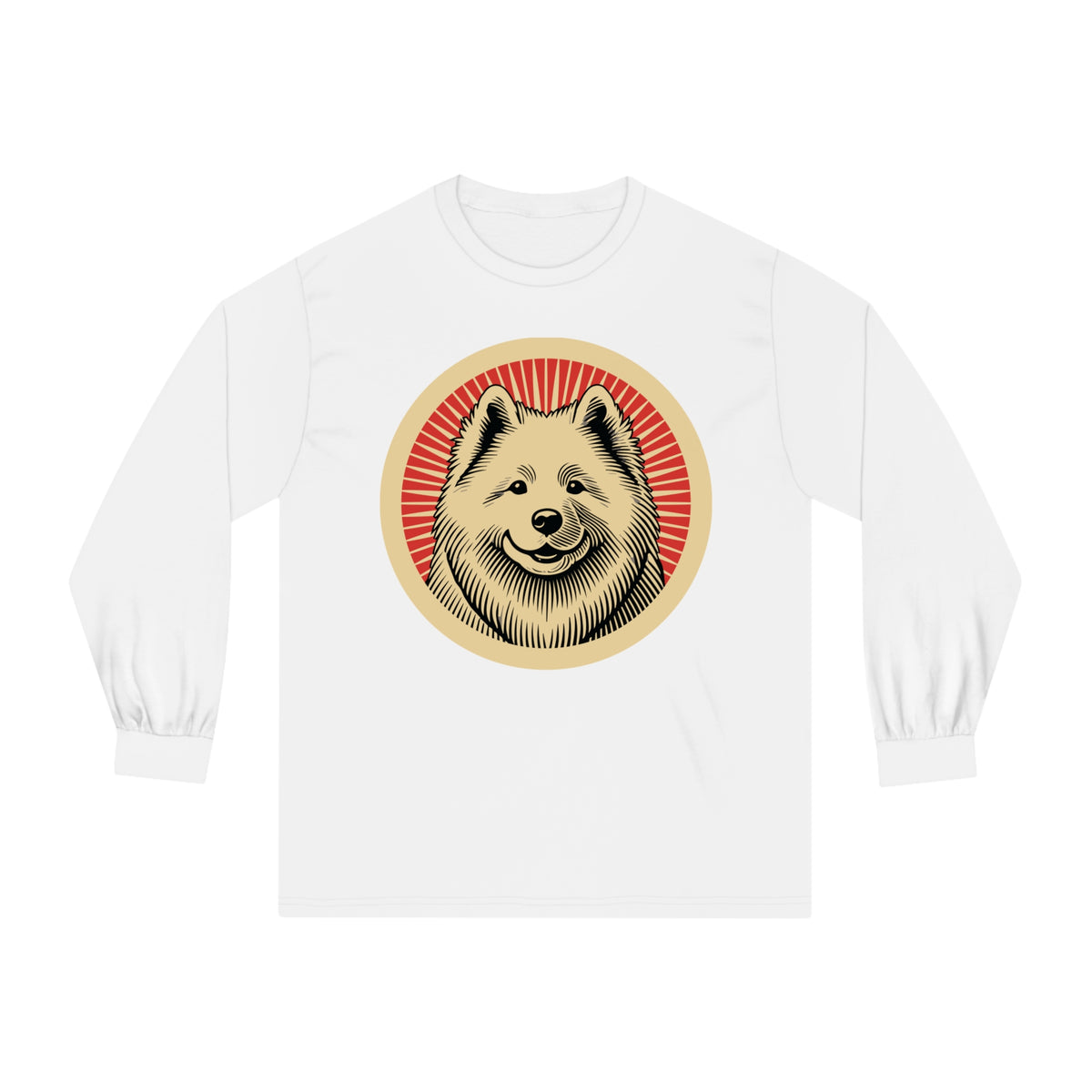 Samoyed badge art in a ring of red rays on a long-sleeve tee