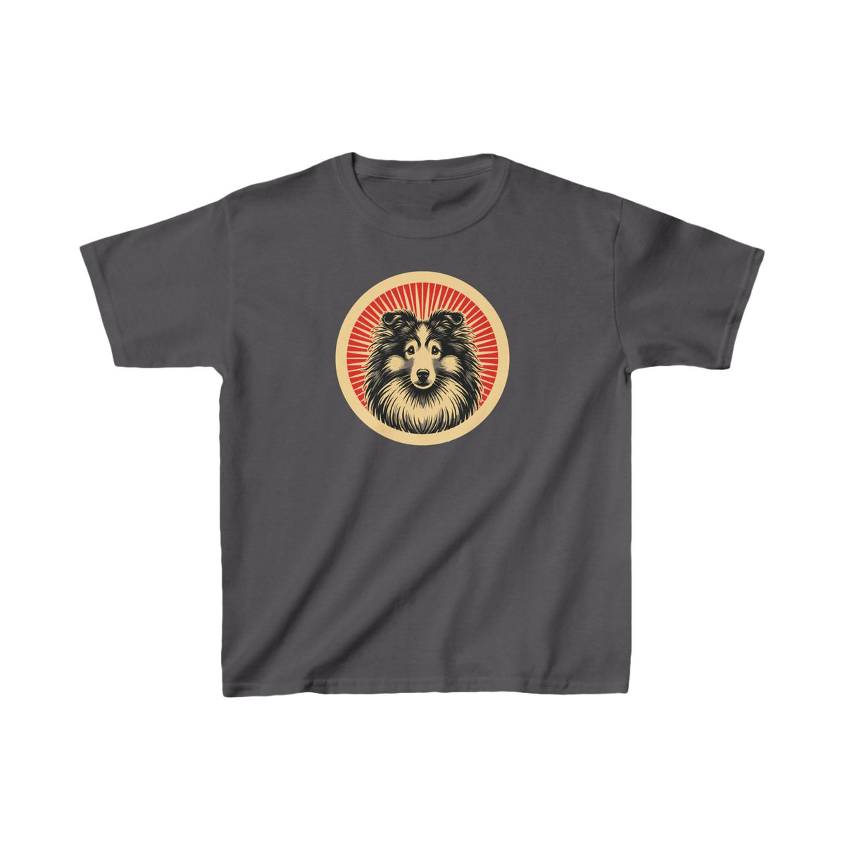Shetland Sheepdog badge art in a ring of red rays on a kids' tee