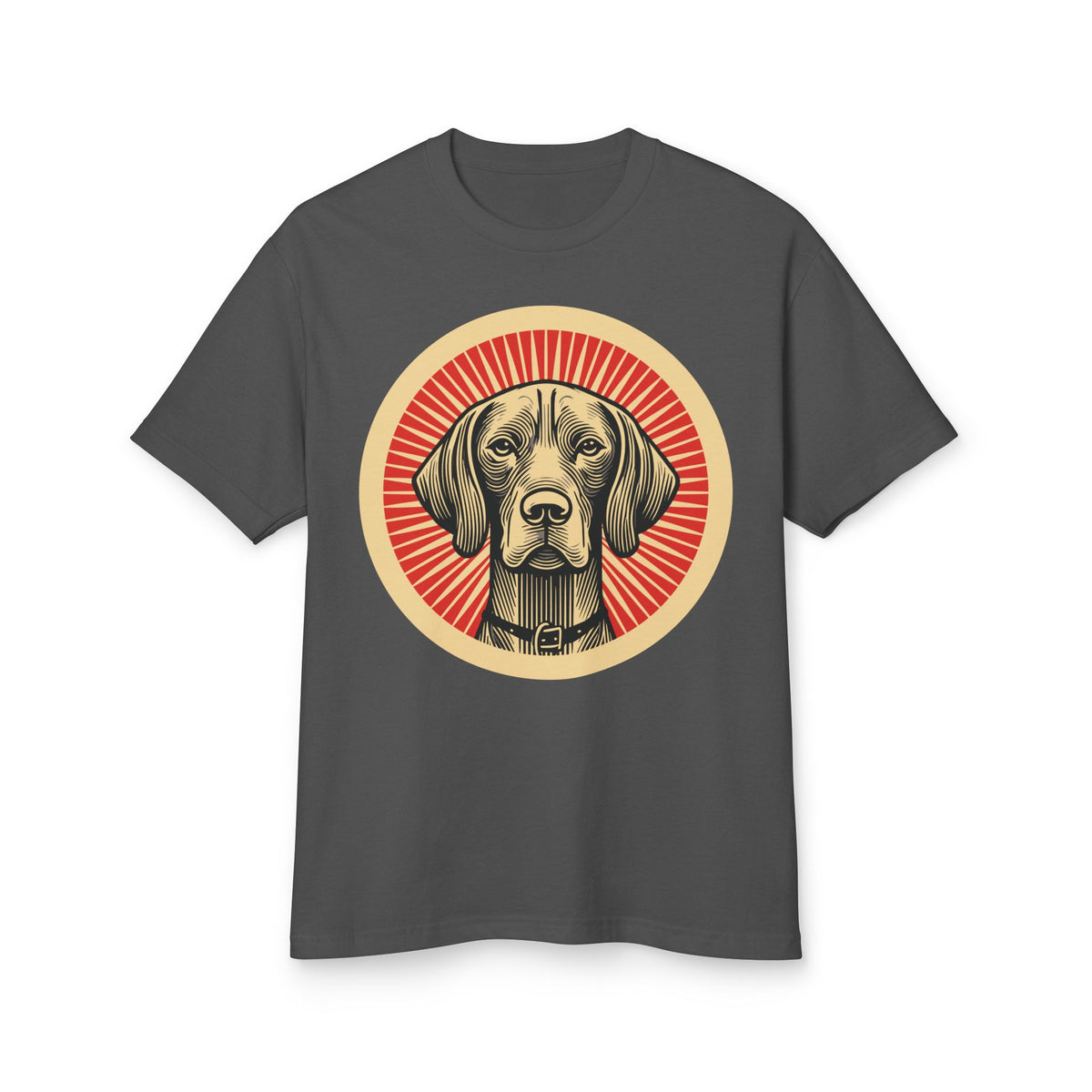 Vizsla badge art in a ring of red rays on a heavyweight tee