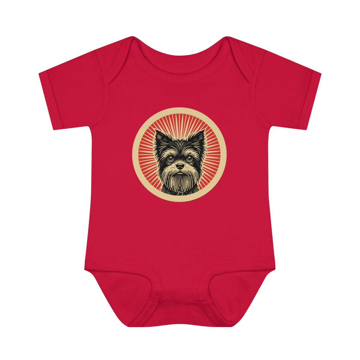 Affenpinscher badge art in a ring of red rays on a baby bodysuit