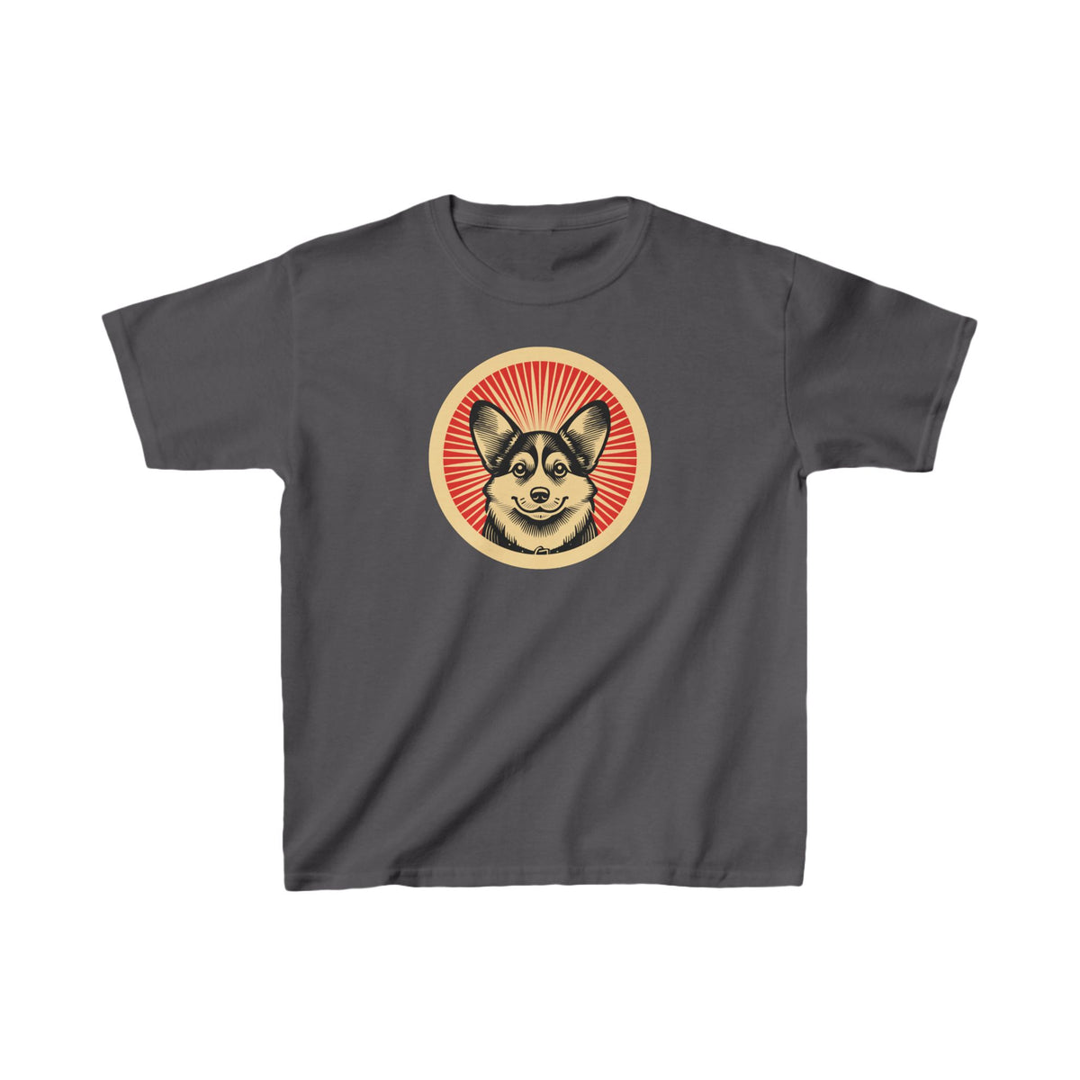 Pembroke Welsh Corgi badge art in a ring of red rays on a kids' tee