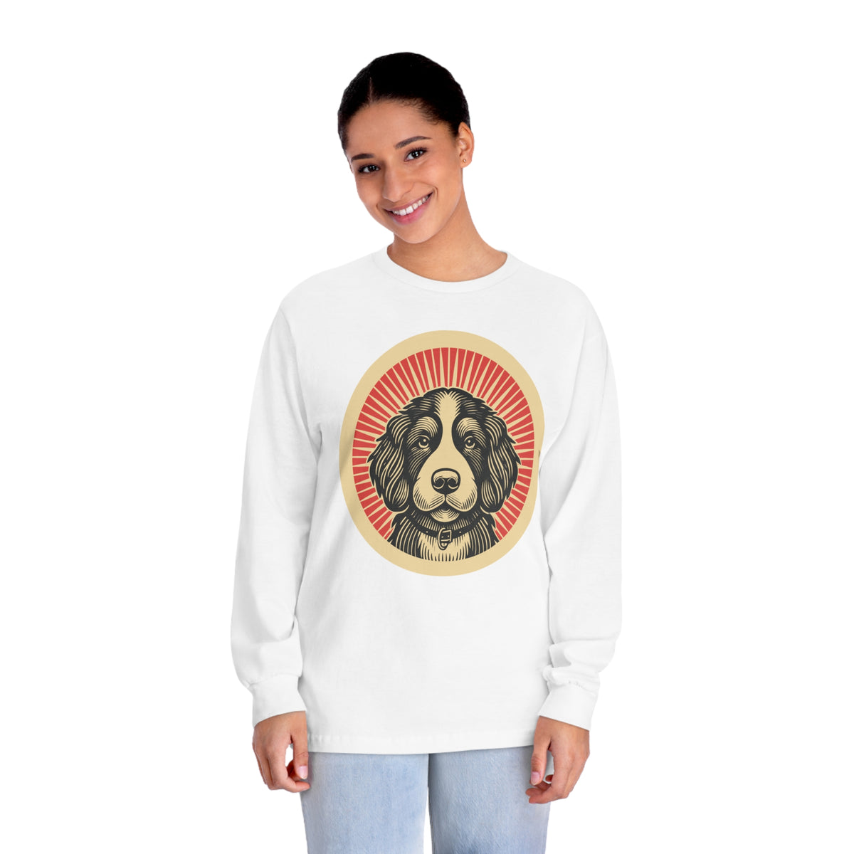 Bernedoodle badge art in a ring of red rays on a long-sleeve tee