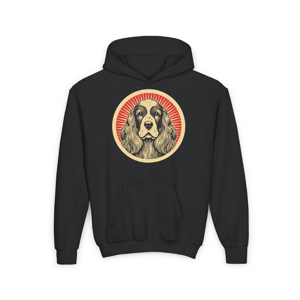 English Cocker Spaniel badge art in a ring of red rays on a kids' hoodie