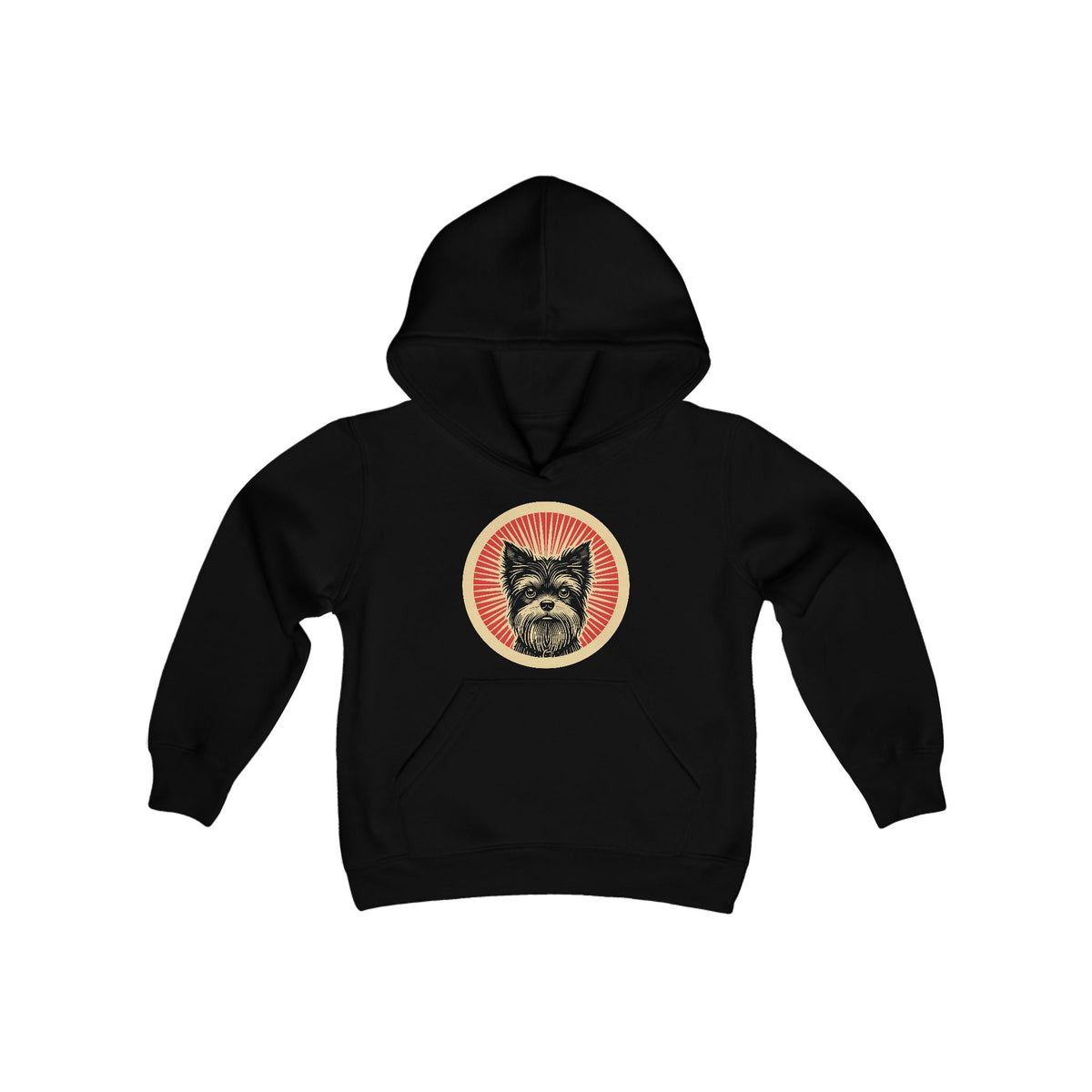 Affenpinscher badge art in a ring of red rays on a kids' hoodie