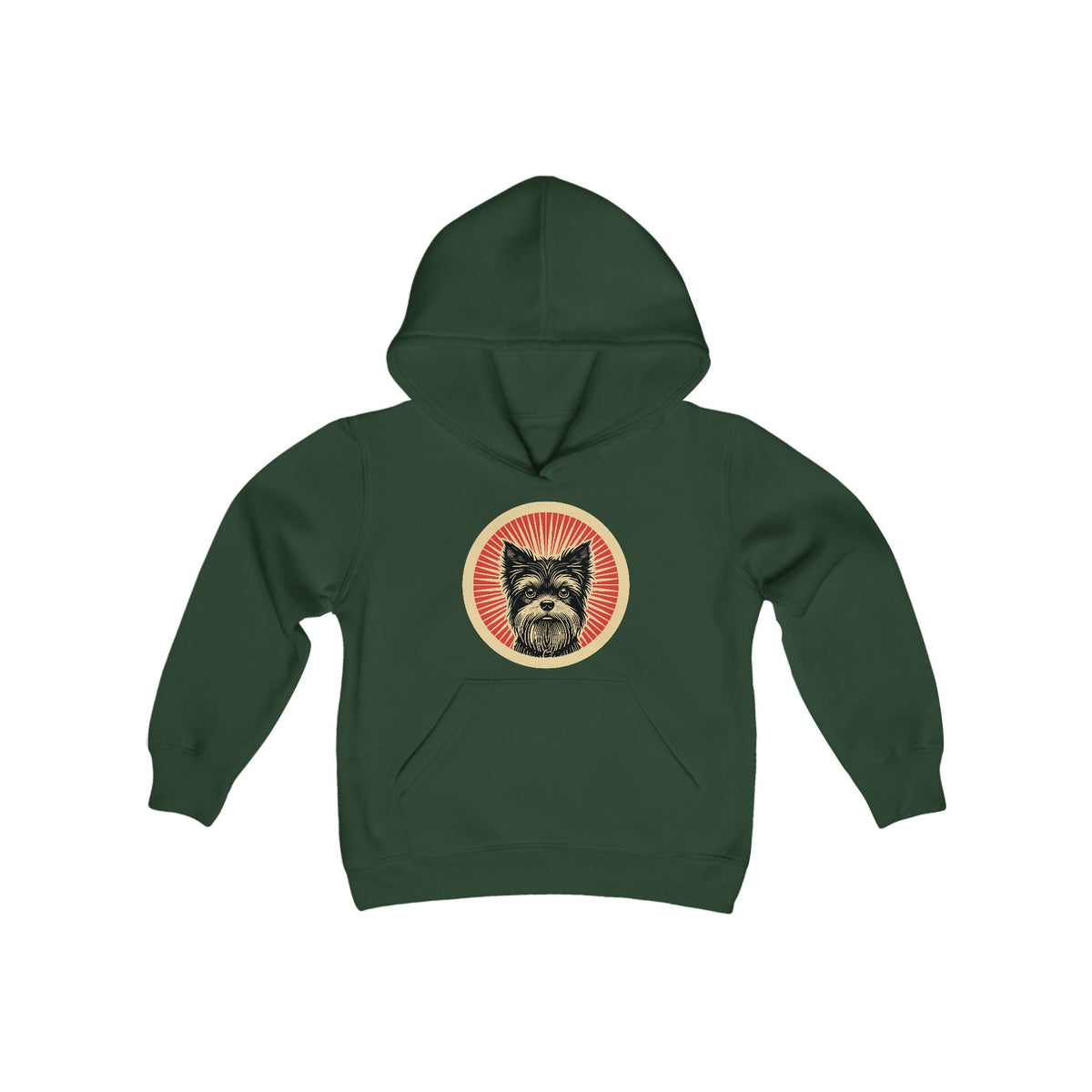 Affenpinscher badge art in a ring of red rays on a kids' hoodie