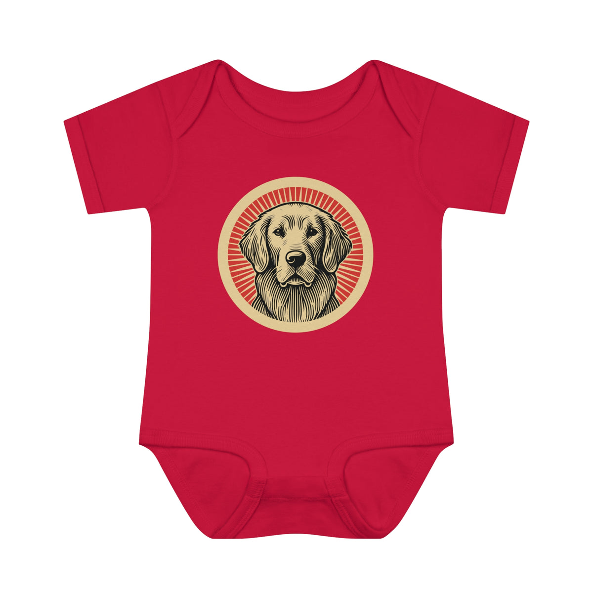 Golden Retriever badge art in a ring of red rays on a baby bodysuit