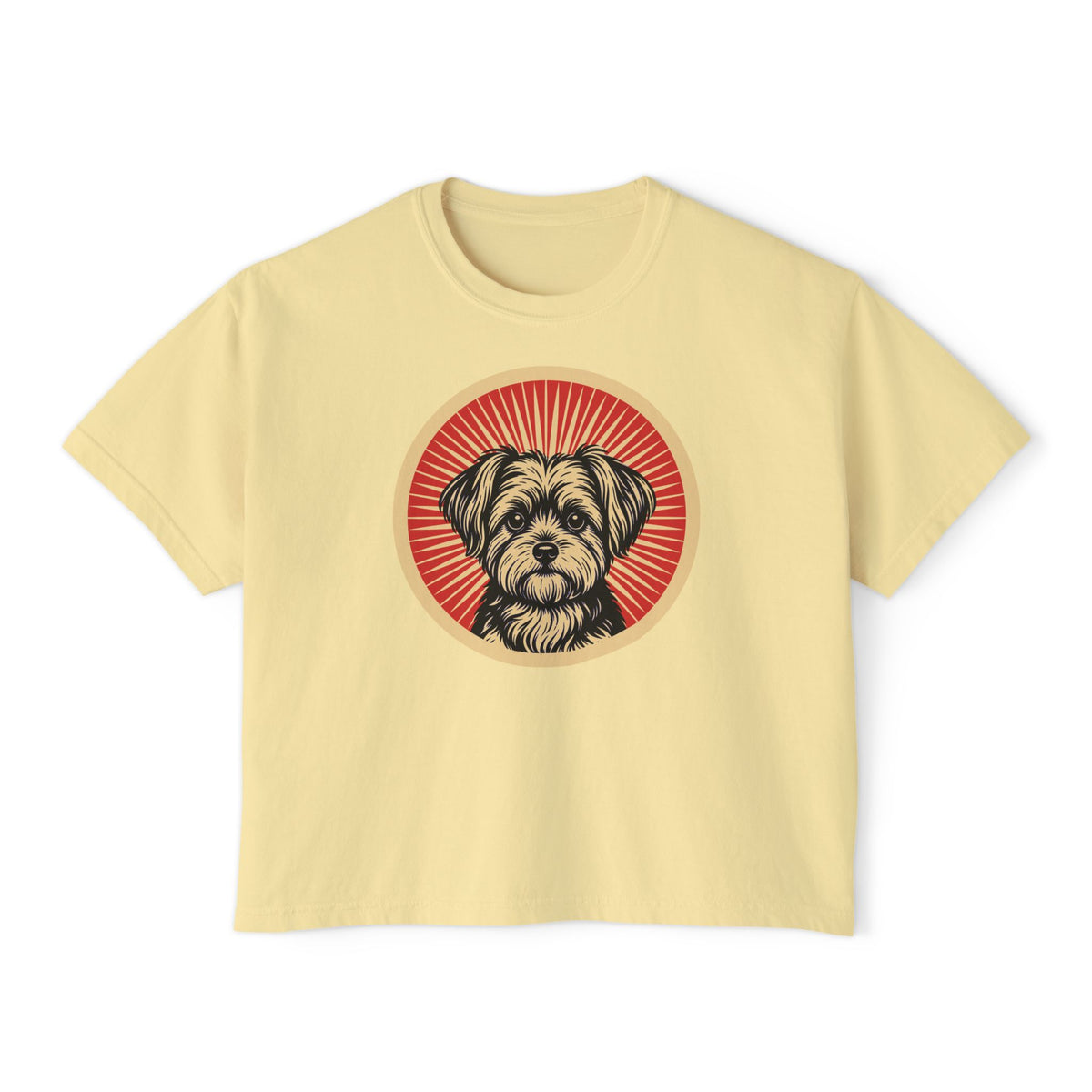Morkie badge art in a ring of red rays on a boxy tee