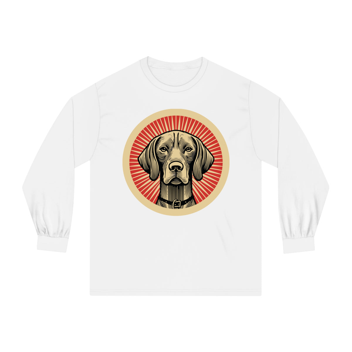 Vizsla badge art in a ring of red rays on a long-sleeve tee