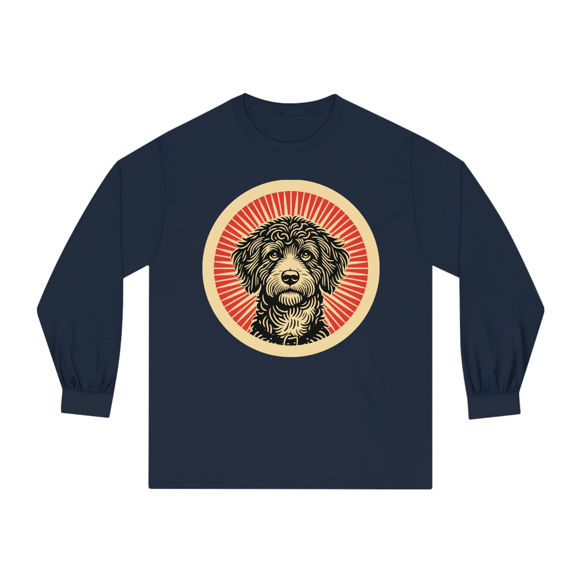 Bordoodle badge art in a ring of red rays on a long-sleeve tee
