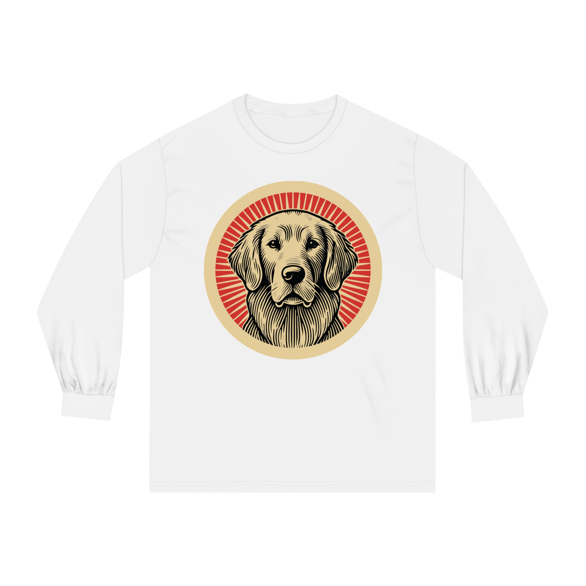 Golden Retriever badge art in a ring of red rays on a long-sleeve tee