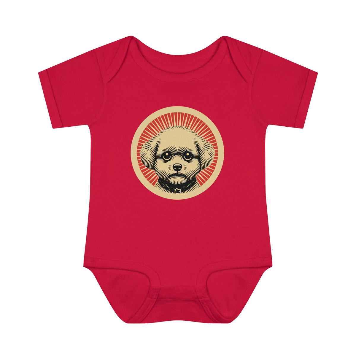 Bichon Frise badge art in a ring of red rays on a baby bodysuit