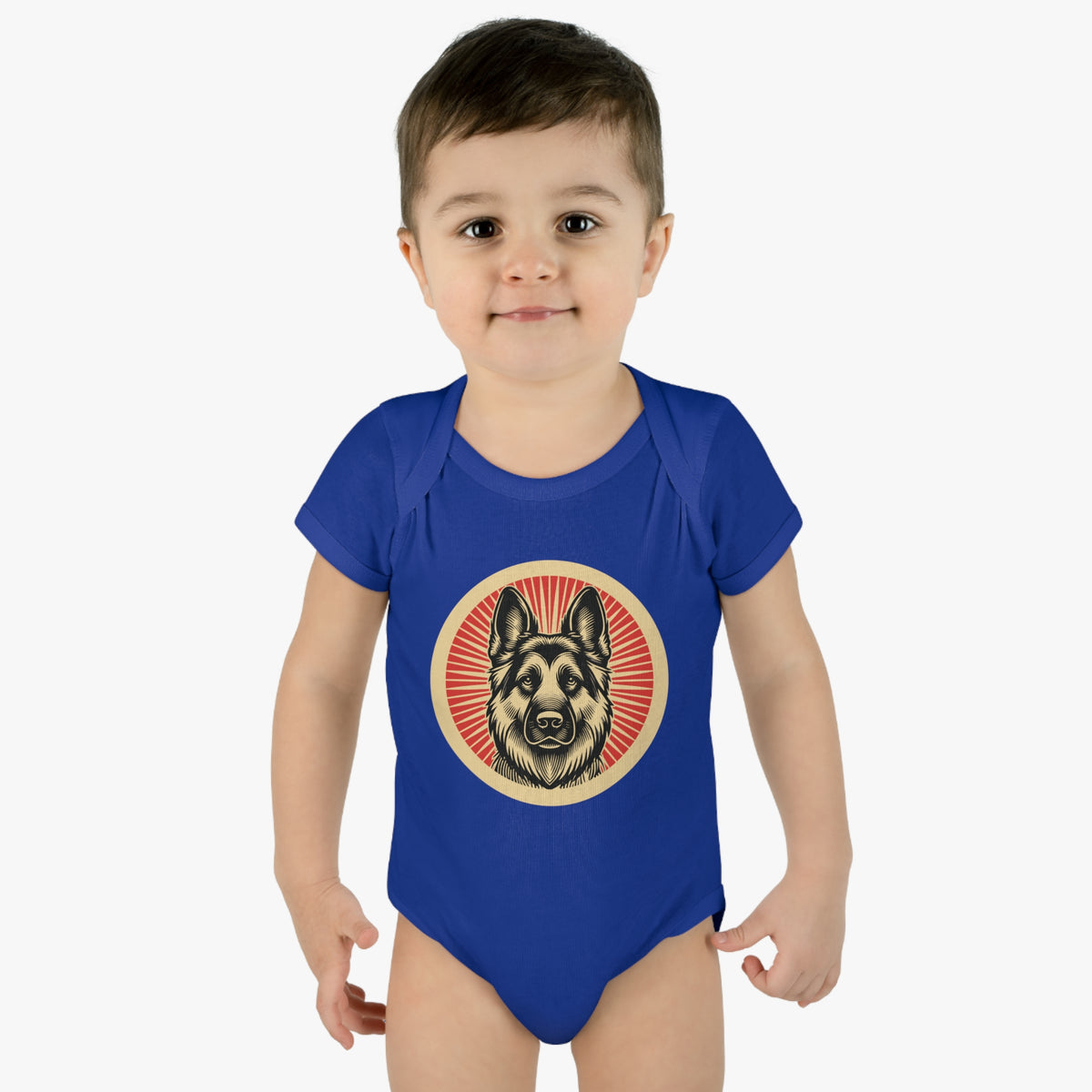 German Shepherd badge art in a ring of red rays on a baby bodysuit