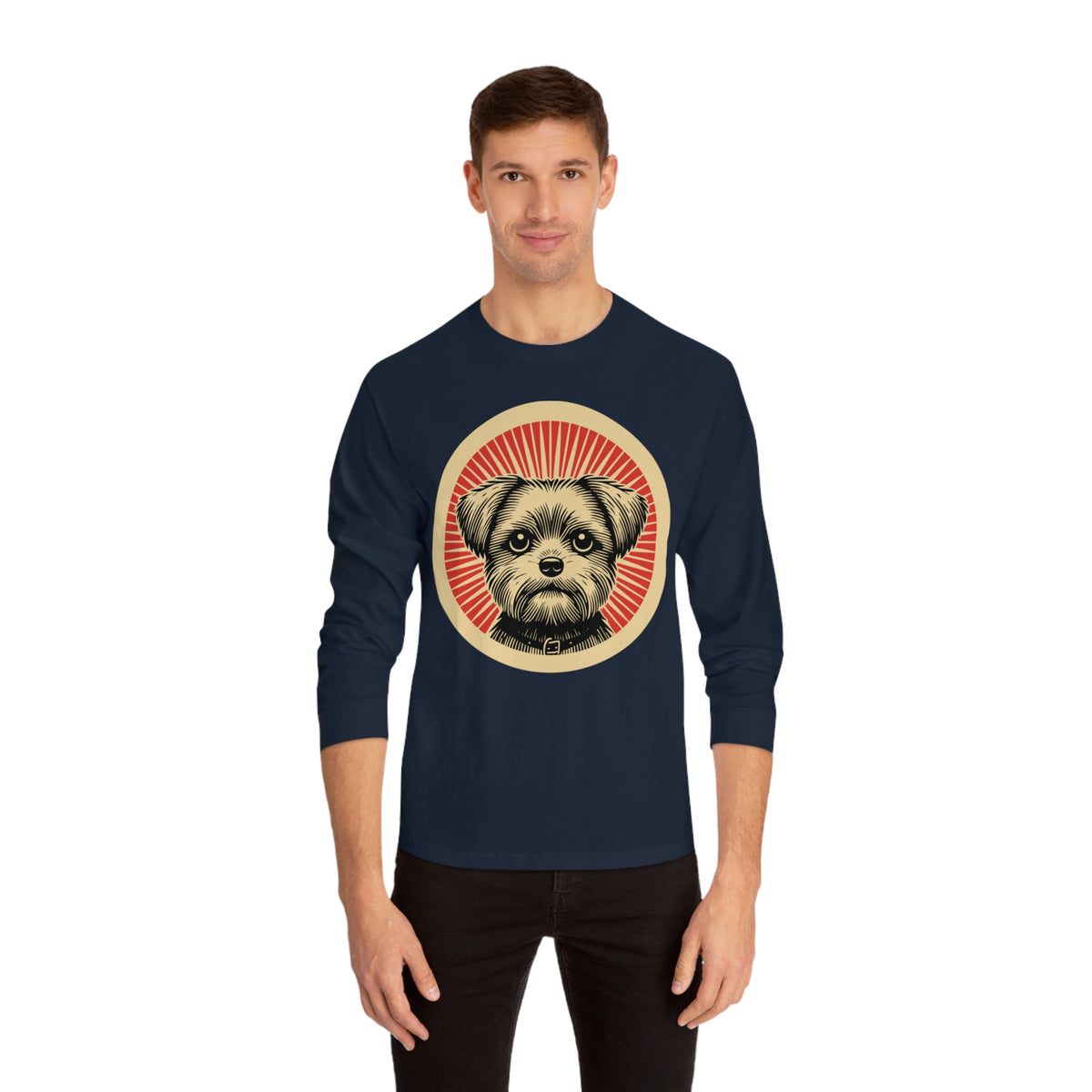 Shorkie badge art in a ring of red rays on a long-sleeve tee