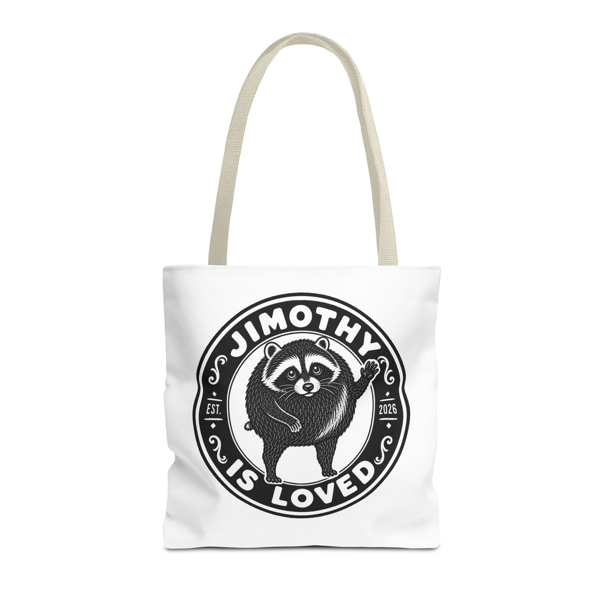 Personalized Raccoon Tote — "Jimothy Is Loved" Graphic Tote Bag