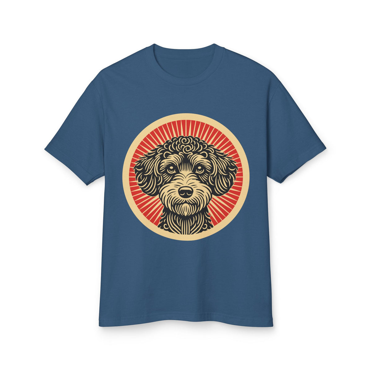 Schnoodle badge art in a ring of red rays on a heavyweight tee