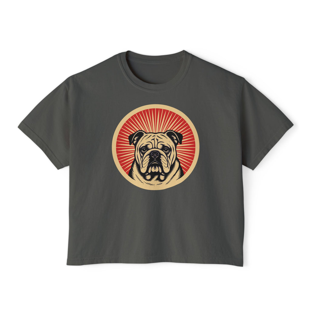 Bulldog badge art in a ring of red rays on a boxy tee
