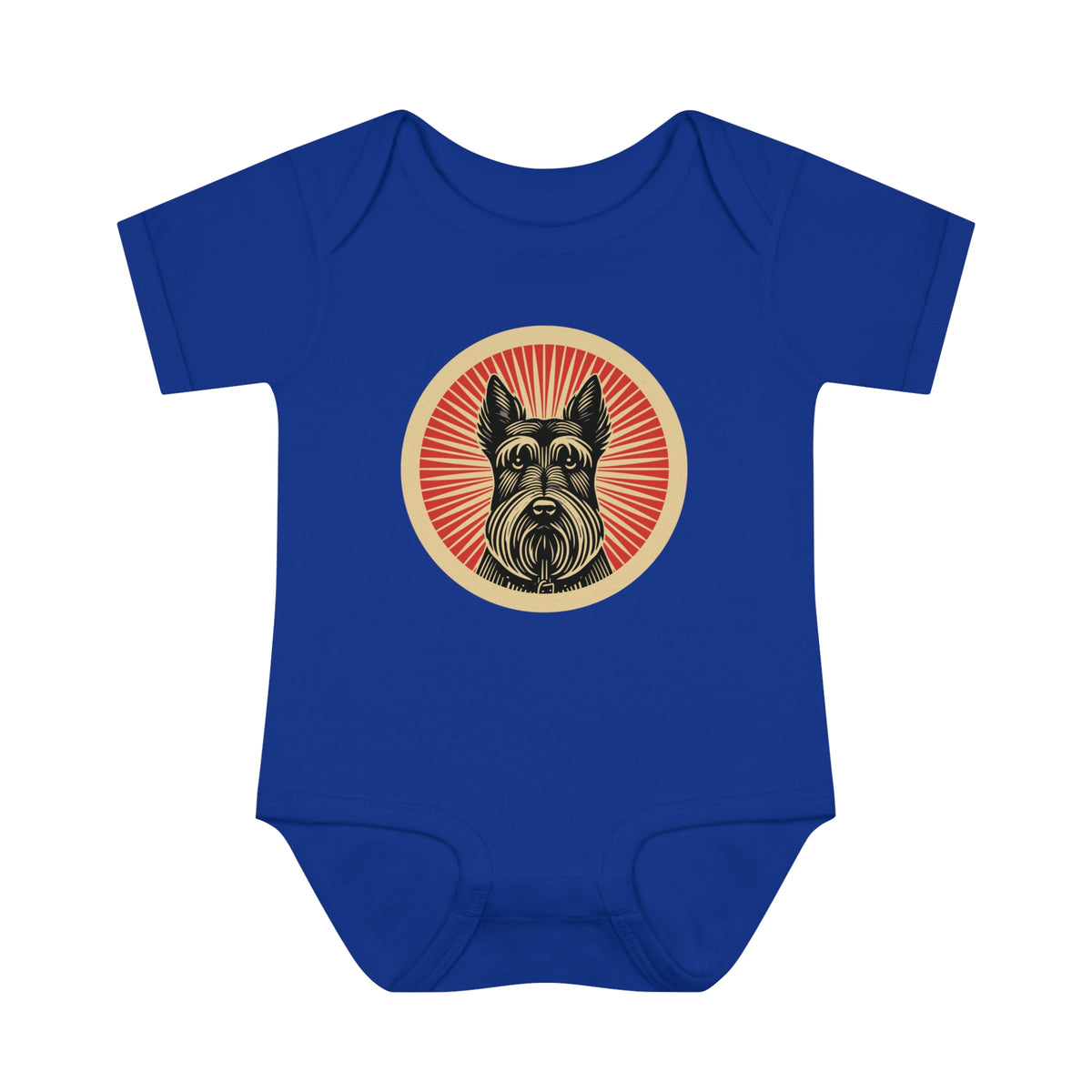 Scottish Terrier badge art in a ring of red rays on a baby bodysuit