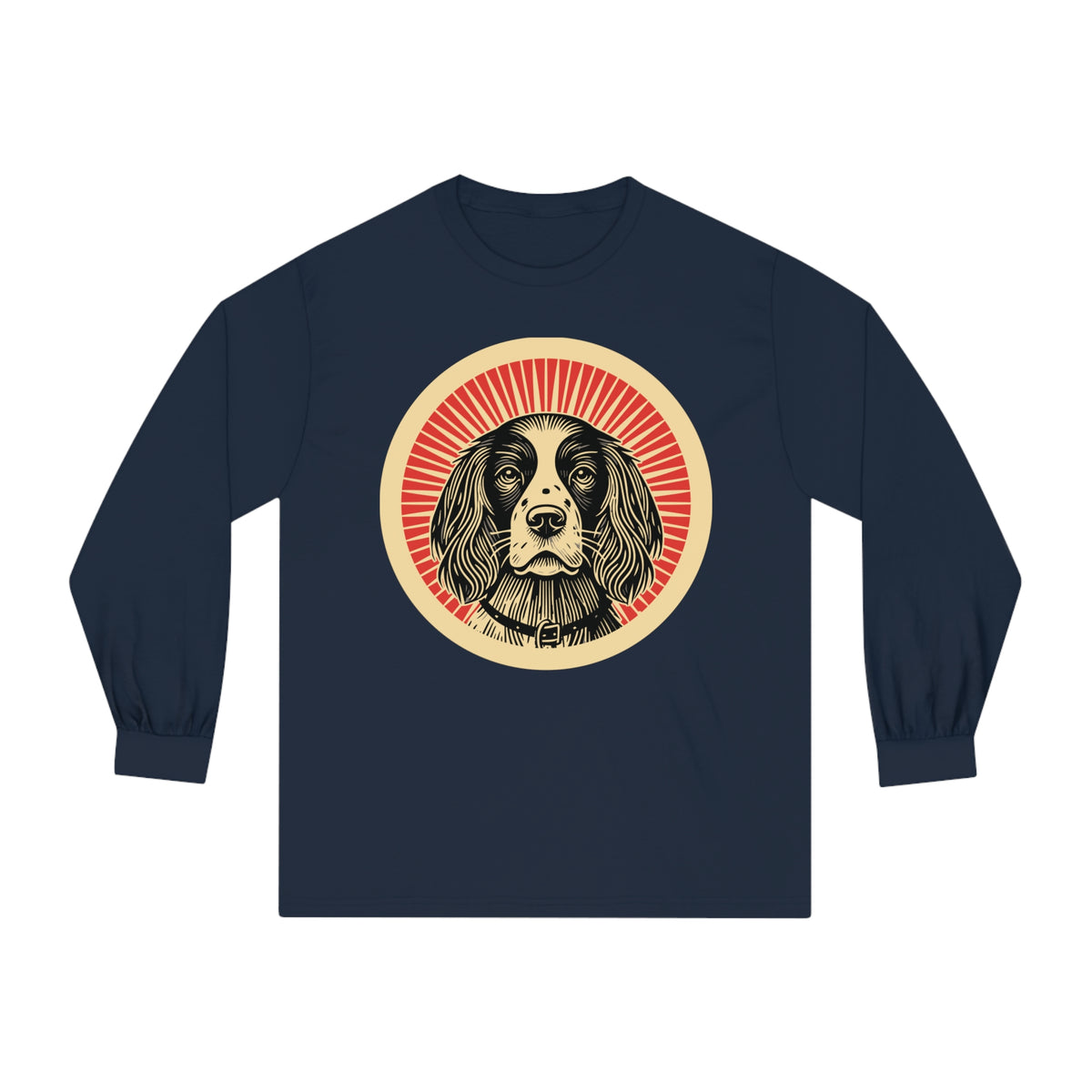 English Springer Spaniel badge art in a ring of red rays on a long-sleeve tee