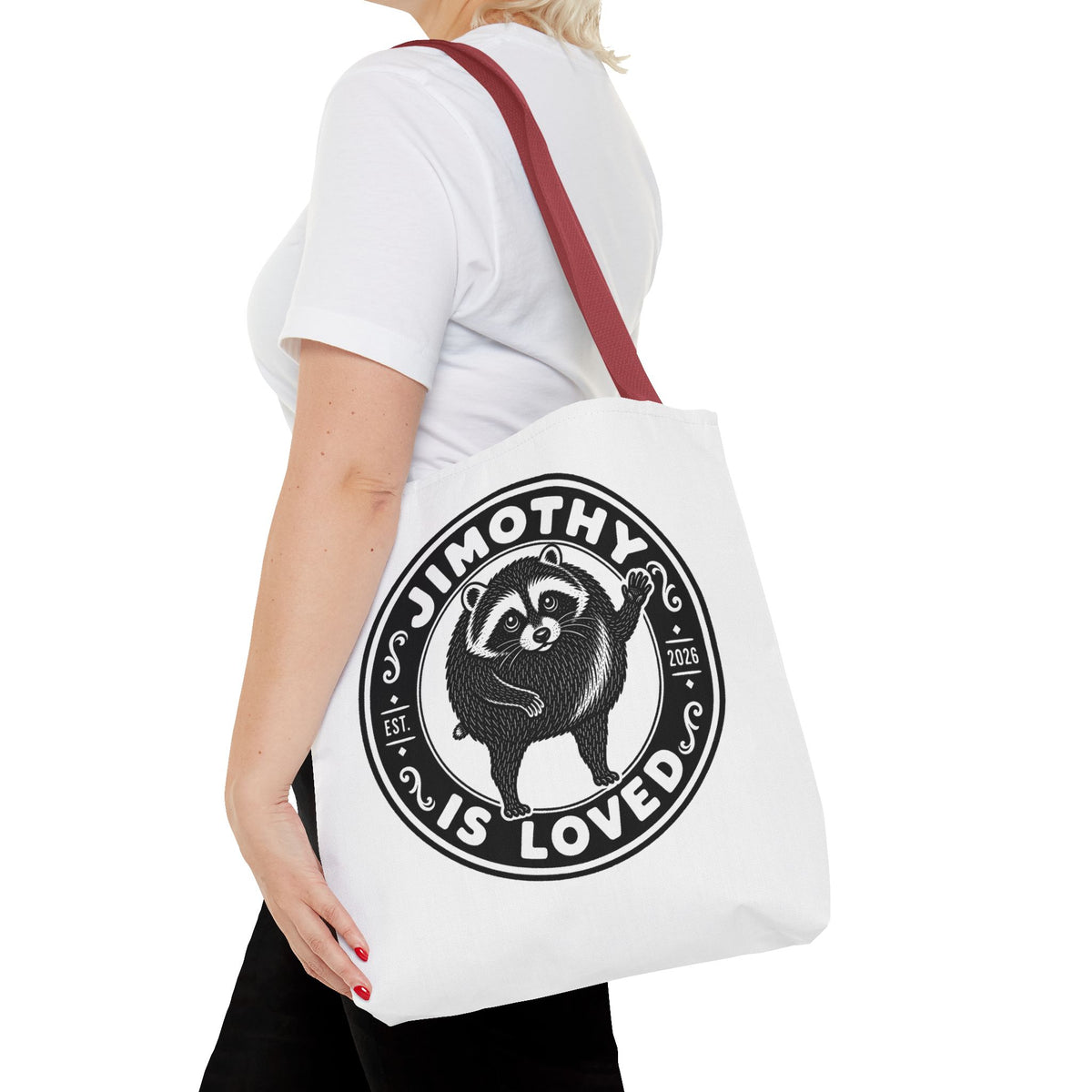Personalized Raccoon Tote — "Jimothy Is Loved" Graphic Tote Bag