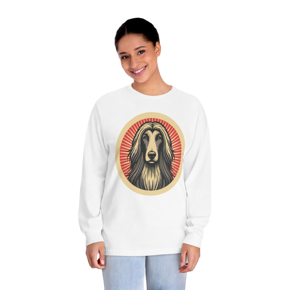Afghan Hound badge art in a ring of red rays on a long-sleeve tee