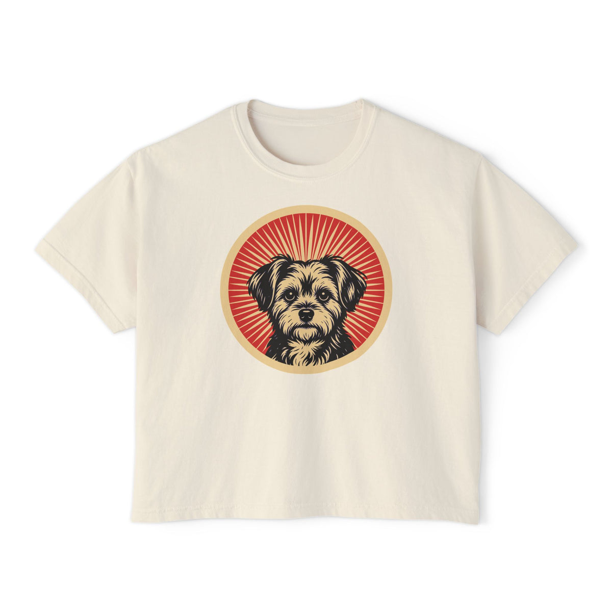 Shorkie badge art in a ring of red rays on a boxy tee