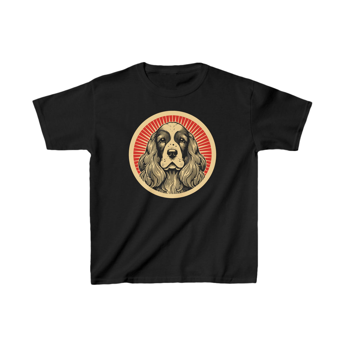 English Cocker Spaniel badge art in a ring of red rays on a kids' tee