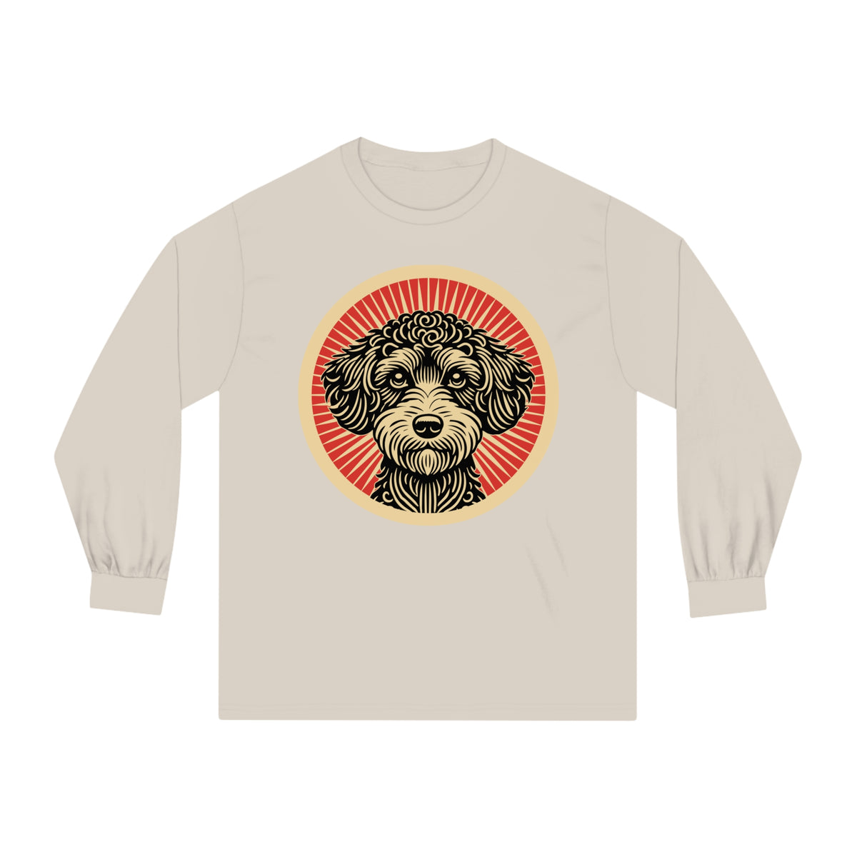 Schnoodle badge art in a ring of red rays on a long-sleeve tee