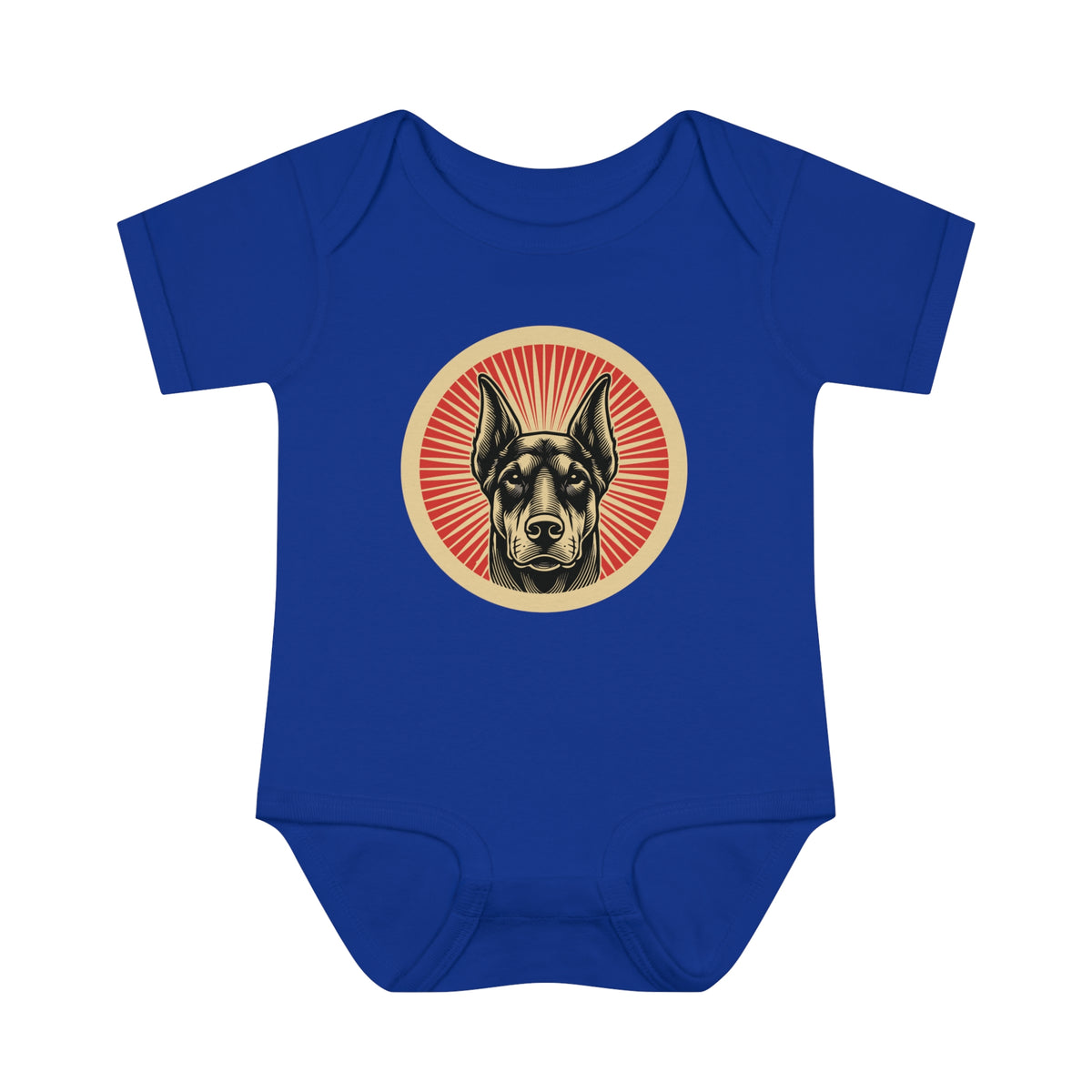 Doberman Pinscher badge art in a ring of red rays on a baby bodysuit