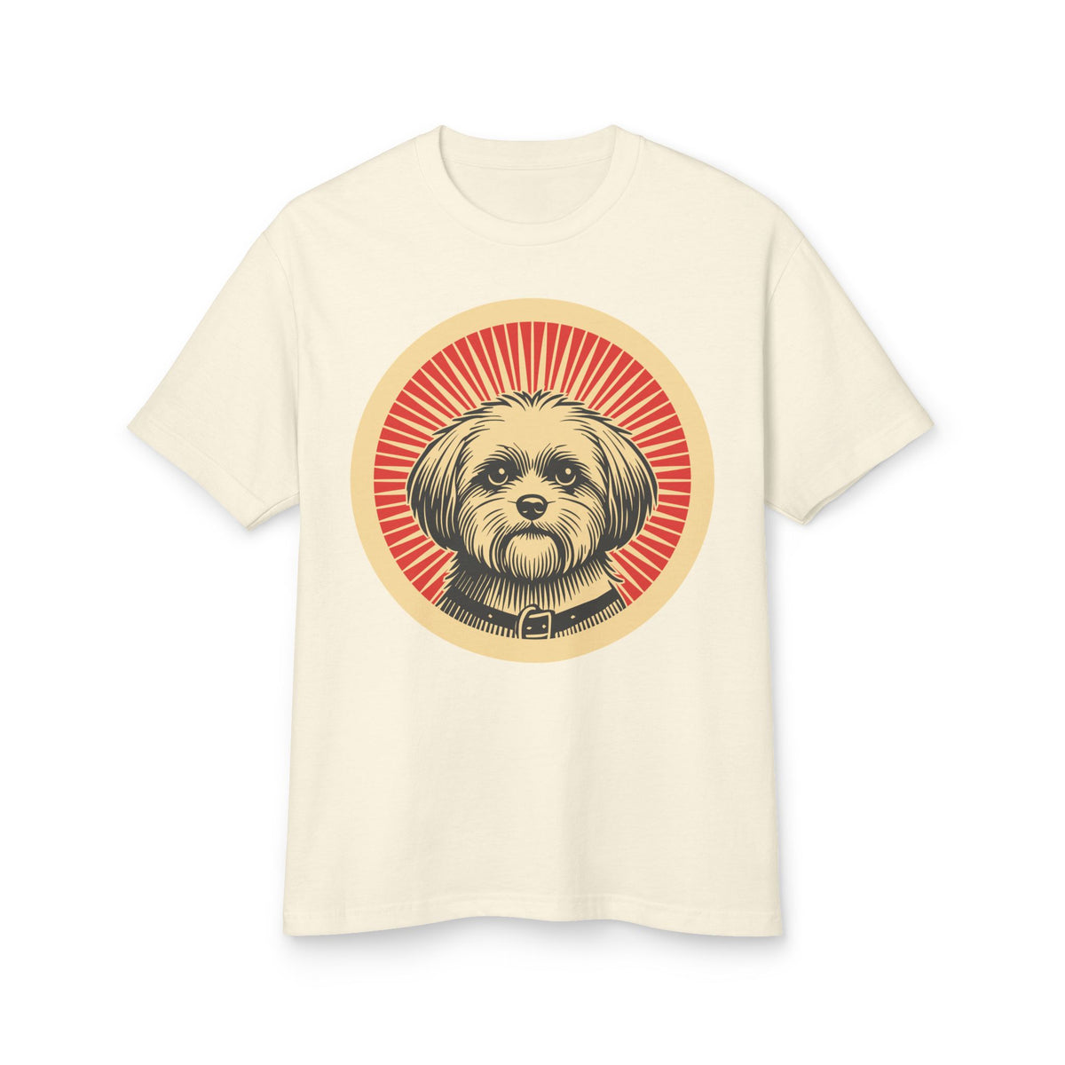 Shihpoo badge art in a ring of red rays on a heavyweight tee