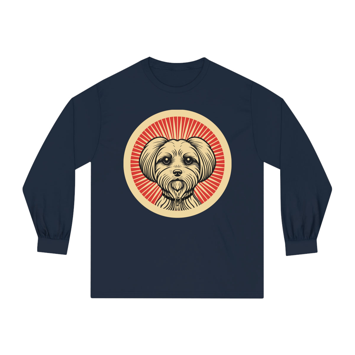 Maltese badge art in a ring of red rays on a long-sleeve tee