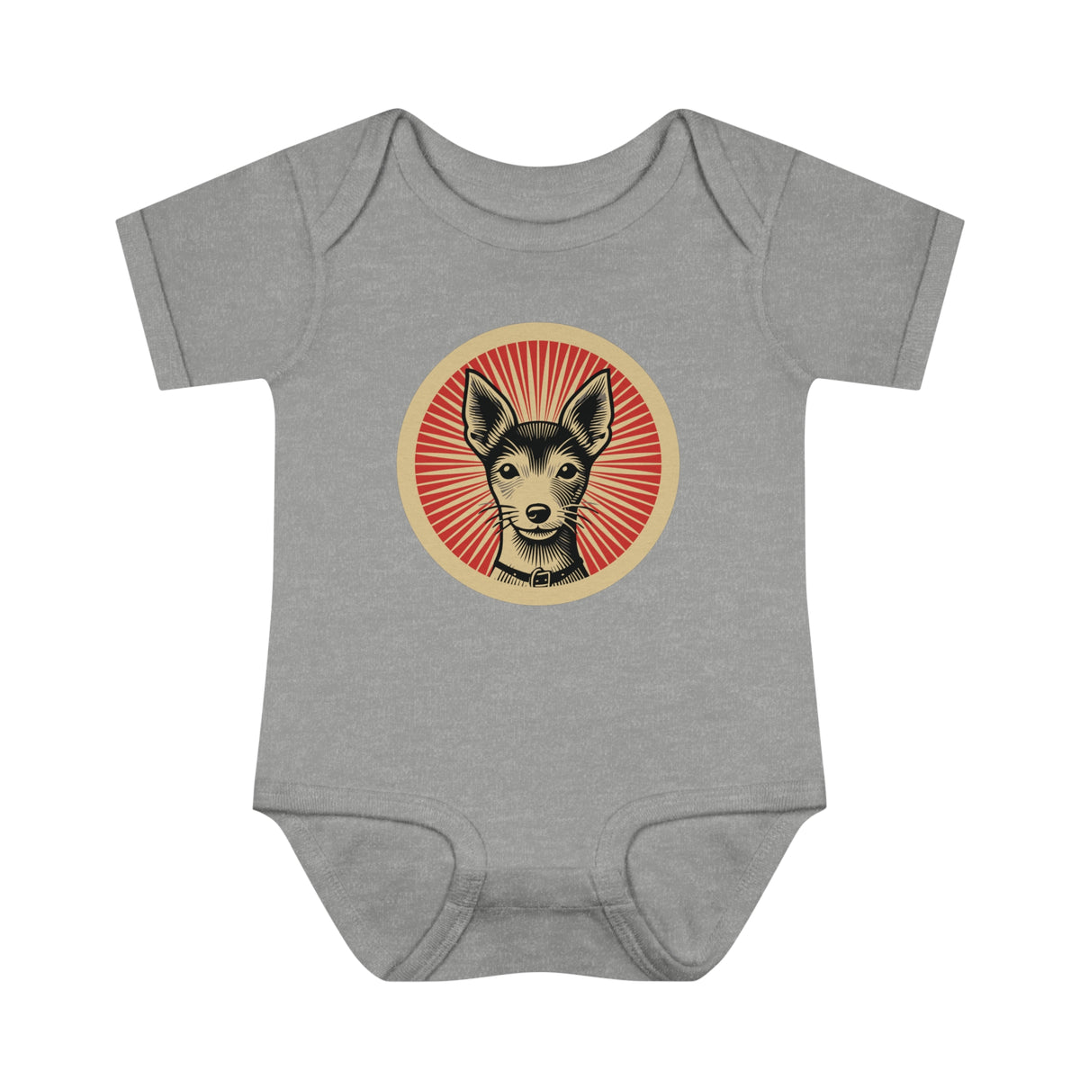 Toy Fox Terrier badge art in a ring of red rays on a baby bodysuit